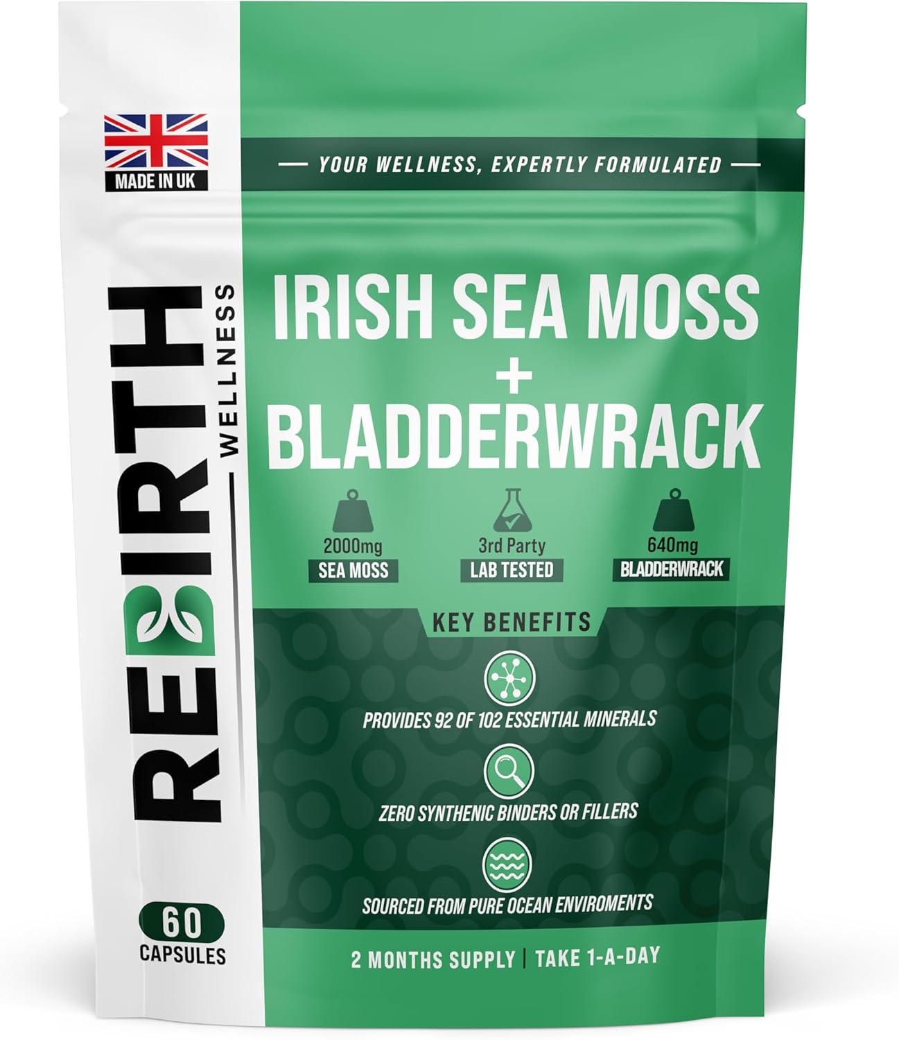 Sea Moss and Bladderwrack - 60 High Strength Capsules - 2 Month Supply - Vegan Friendly -No Synthetic Fillers or Binders - Made in The UK - Rebirth Wellness