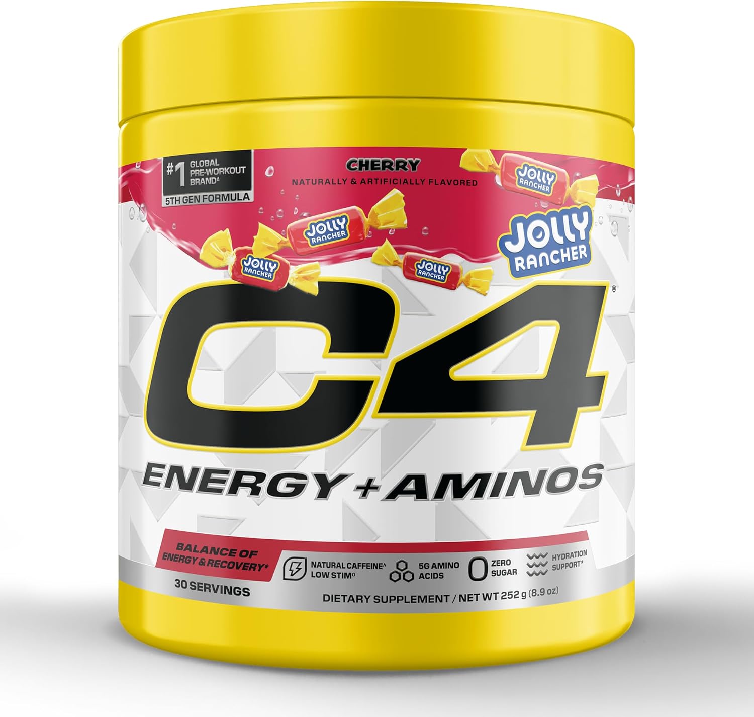 C4 Energy + Aminos Powder | Jolly Rancher Cherry | 5g BCAAs & EAAs for Muscle Recovery, 3 Electrolytes for Hydration, 100mg Natural Caffeine | Pre Workout | Zero Sugar, 30 Servings