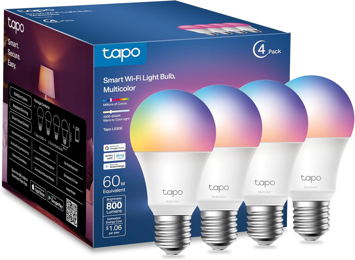 Tapo TP-Link Smart Light Bulbs, 16M Colors RGBW, Dimmable, Compatible with Alexa and Google Home, A19, 60W Equivalent, 800LM CRI>90, 2.4GHz WiFi only, No Hub Required, L530E(4-Pack)