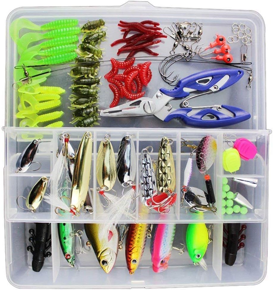 Vicloon 120 PCS Fishing Lures Mixed Including Spinners,VIB,Treble Hooks,Single Hooks,Swivels,Pliers and Tackle Box