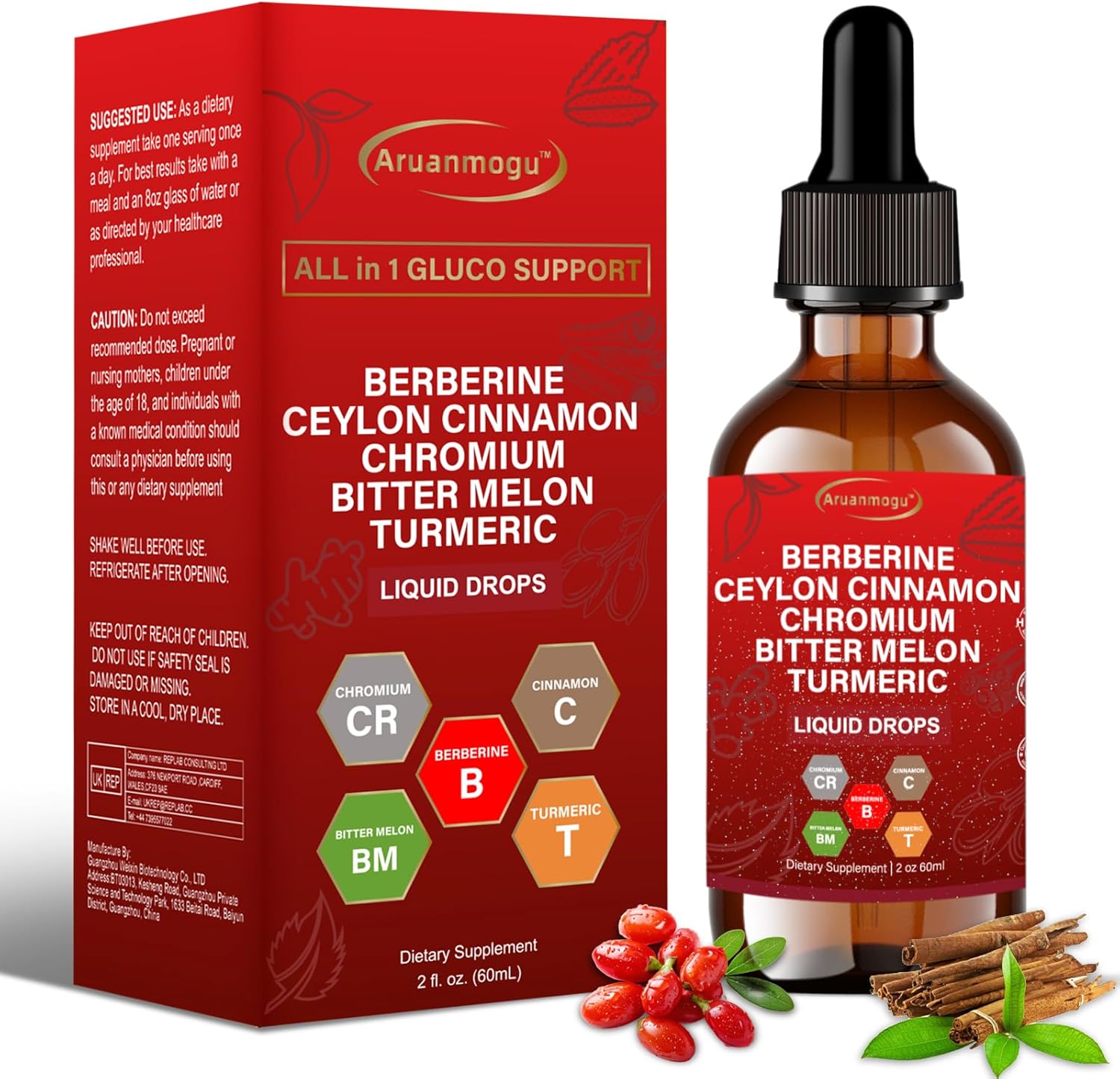 60ML Berberine with Ceylon Cinnamon Supplement Liquid Drops + Bitter Melon Extract, Glucomannan, Gymnema, Chromium, Turmeric, Panax Ginseng, Moringa GLP-1 Support