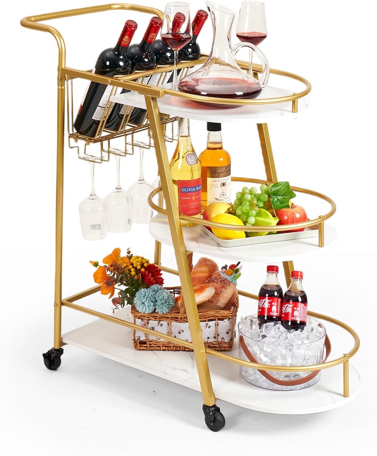 Bar Cart Gold, Home Bar Serving Cart, 3-Tier Rolling Drink Cart with Wine Rack & Stemware Holders, Quiet Wheels for Home, Party, Kitchen, Indoor & Outdoor Use (Modern Gold)