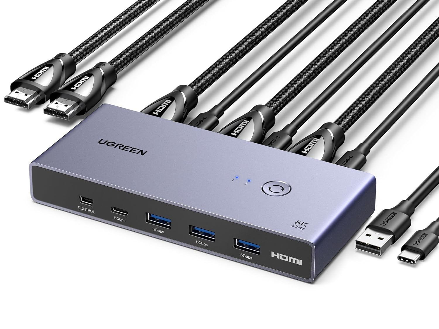 UGREEN 8K@60Hz HDMI KVM Switch, KVM Switcher Support 4K@120Hz, 4 Port USB3.0 Switcher [1 USB C and 3 USB A Port] for 2 Computers Share 1 Monitor and Keyboard, Mouse, Hard Drive, Printer