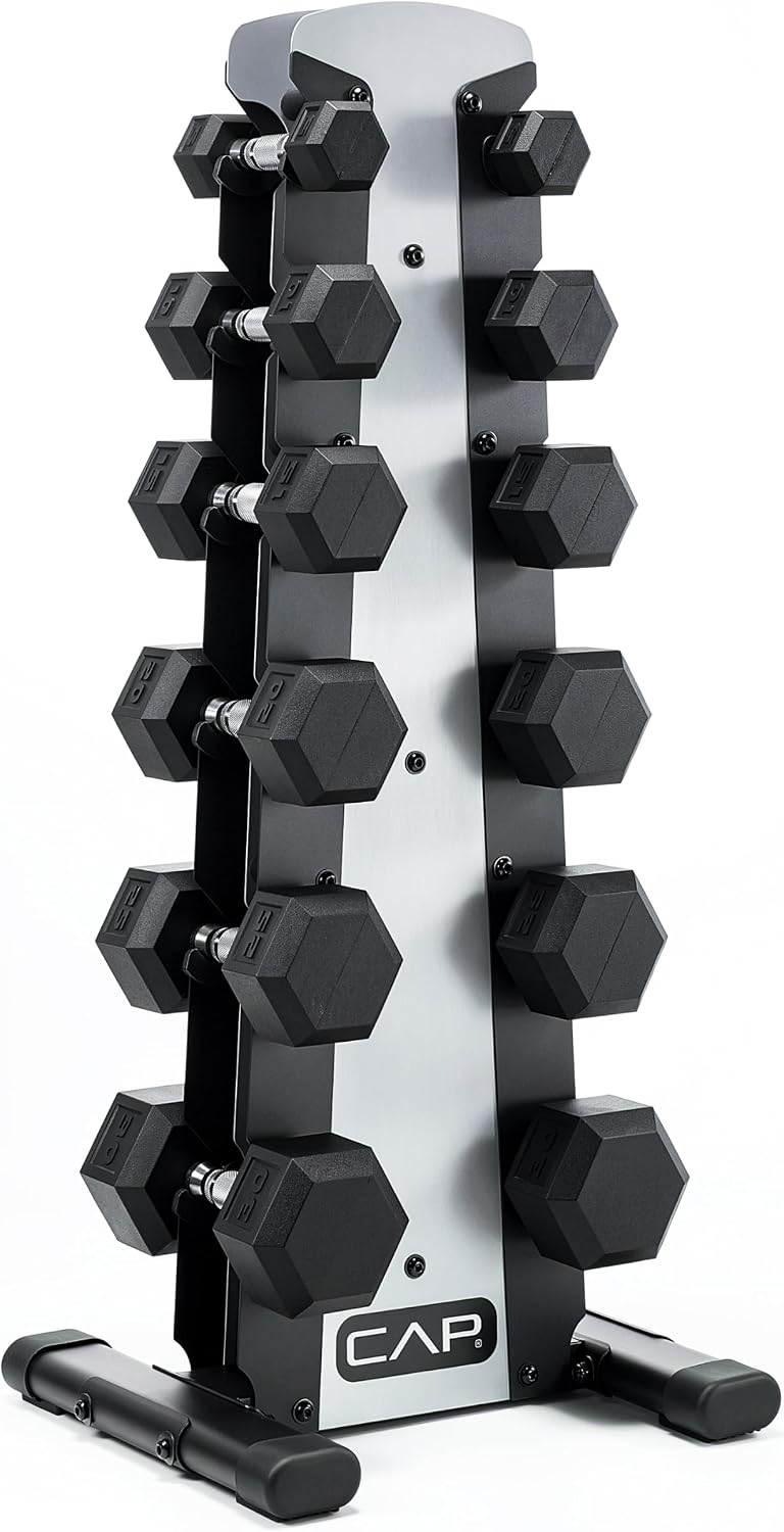 CAP Rubber Coated Dumbbell Weight Set with Vertical Rack | 100 lb, 150 lb, and 210 lb Options