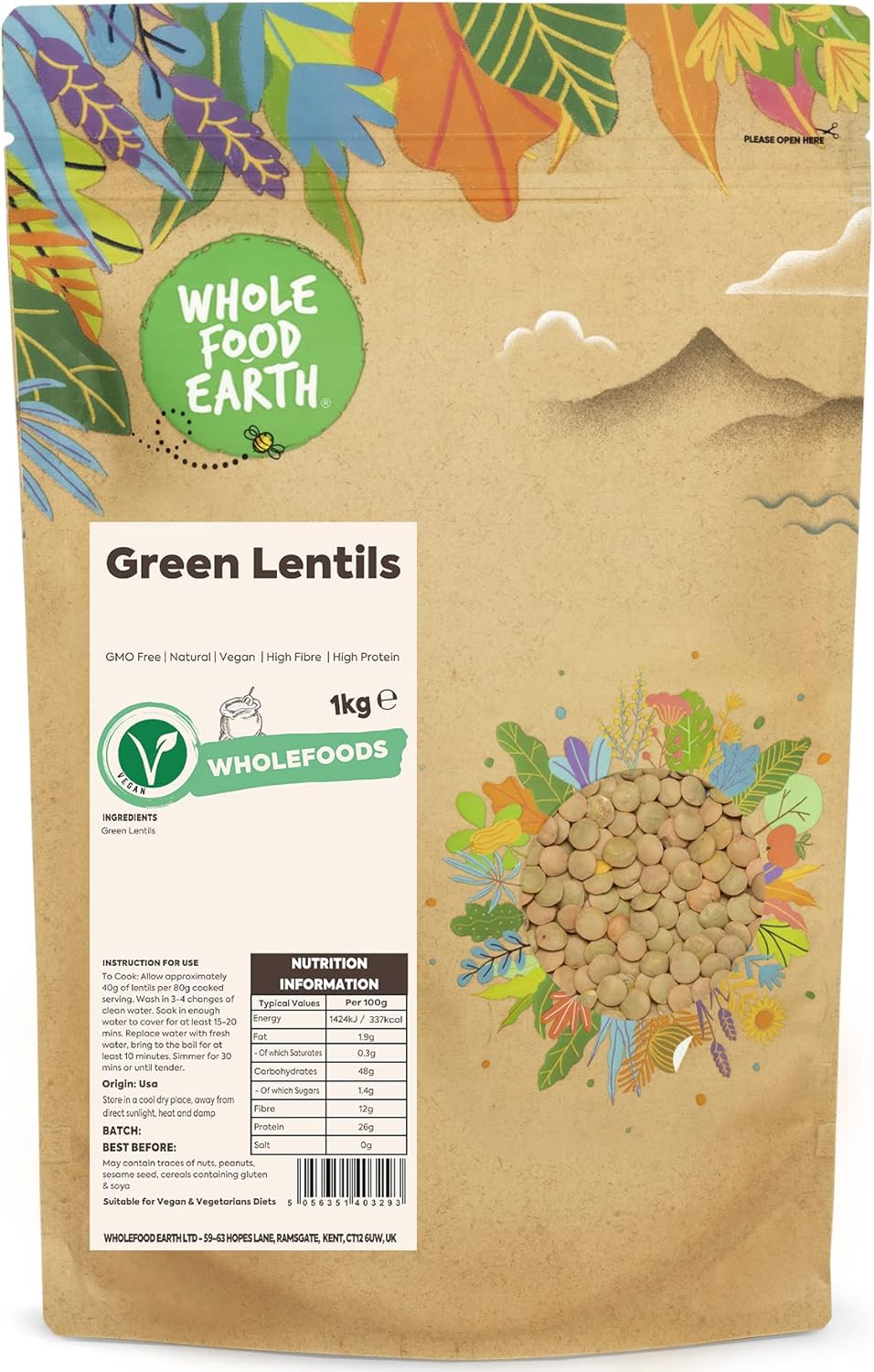 Wholefood Earth Green Lentils 1 kg | GMO Free | Natural | High Fibre | High Protein