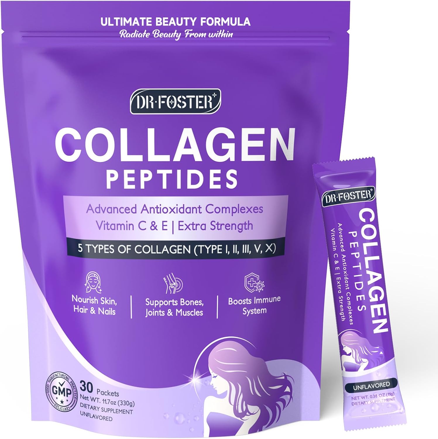 Collagen-Peptides-Powder-Packets - Multi Type I II III V X Collagen for Women with Antioxidant Blend + Vitamin C & E for Skin, Hair, Nail & Joint, Non-GMO, 30 Stick Packs