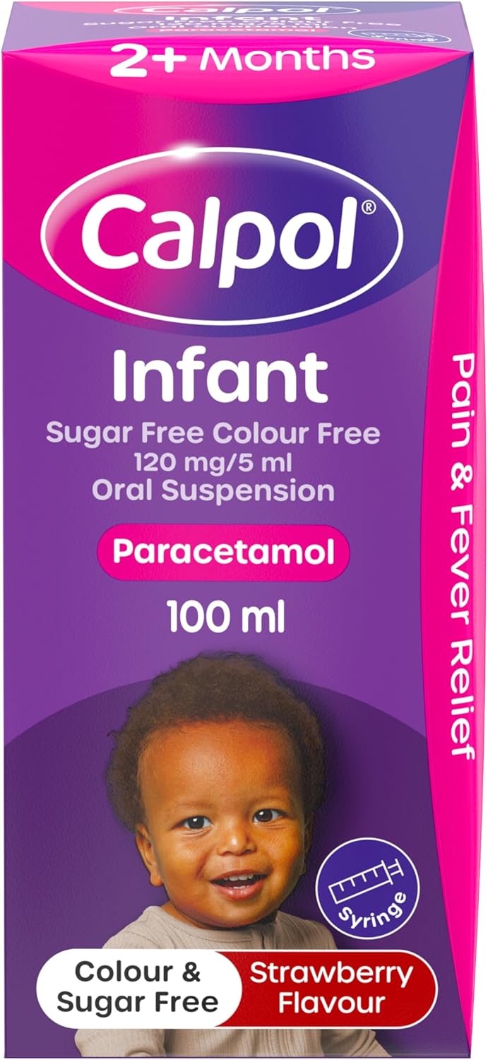 Calpol Infant Oral Suspension (1 x 100ml), Sugar-Free Strawberry Flavour Paracetamol for Kids, Relieves Pain and Fever, Baby Medicine Syringe, Soothed Symptoms After 1 Dose, Gentle on Tummies