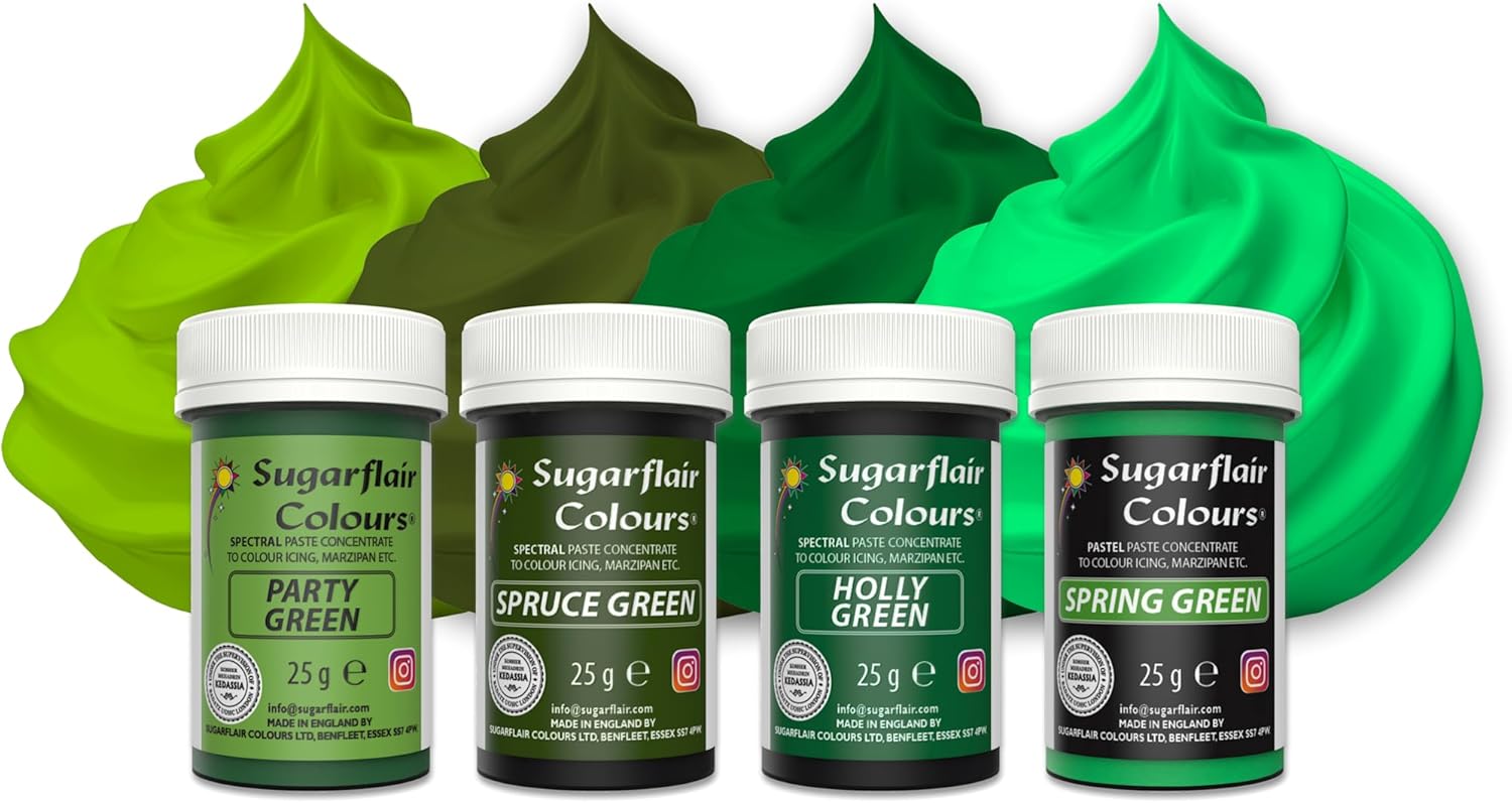 Sugarflair Green Food Colouring Paste Set - Concentrated Food Colouring for Use with Buttercream, Sugar Paste, Royal Icing or Cake Mixes, Vibrant Colour Food Dye - Multipack 4x 25g