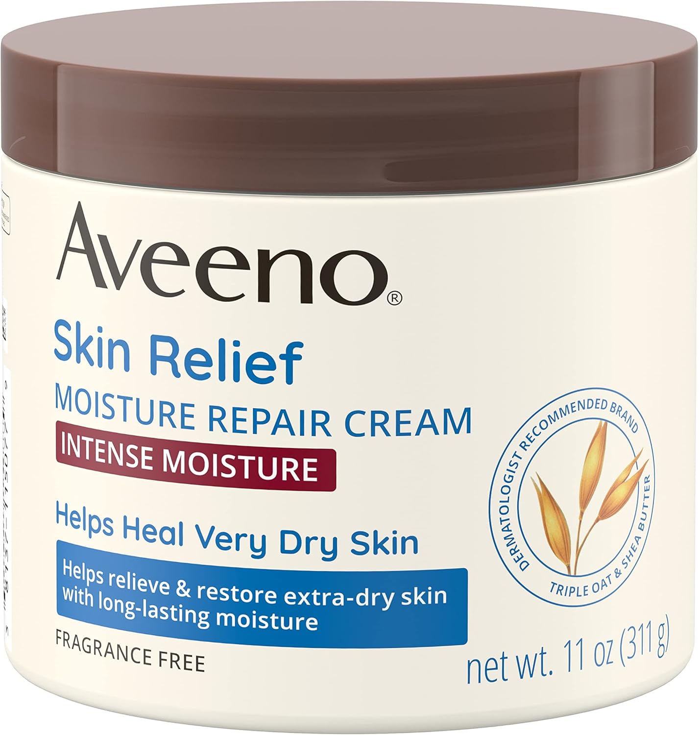 Aveeno Skin Relief Intense Moisture Repair Cream with Triple Oat Complex, Ceramide & Rich Emollients, Steroid- & Fragrance-Free Moisturizing Body Cream for Extra-Dry Skin, 11 oz