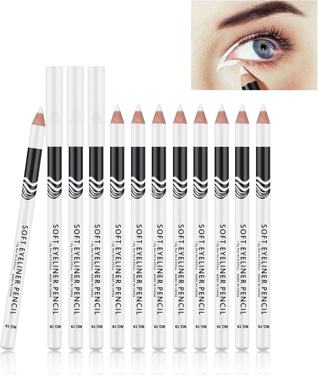 FREEORR 12 Packs Professional Highlighter Eye Liner Pen, White Eyeliner Pencil, Waterproof Long Lasting Eye Brighten