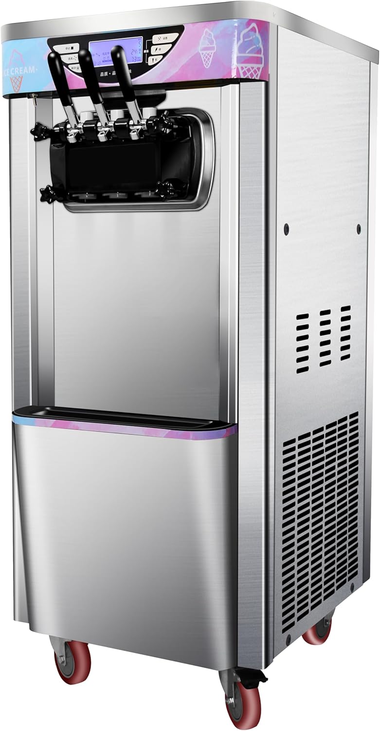 Vertical Soft Serve Ice Cream Maker with Single Control 3 Heads and 5" Screen, 42-46L/H, with LED Display, 2x8L Mix Tanks & 2 Freezing Cylinders, 3200W Ice Cream Machine, for Restaurants Bars Shops