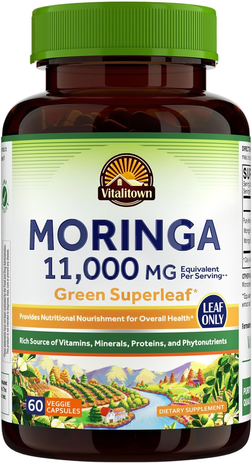 Vitalitown Moringa Capsules 11,000 MG, Pure Moringa Oleifera Leaves, No Sticks, No Caffeine, Energy, Immune, 60 Capsules