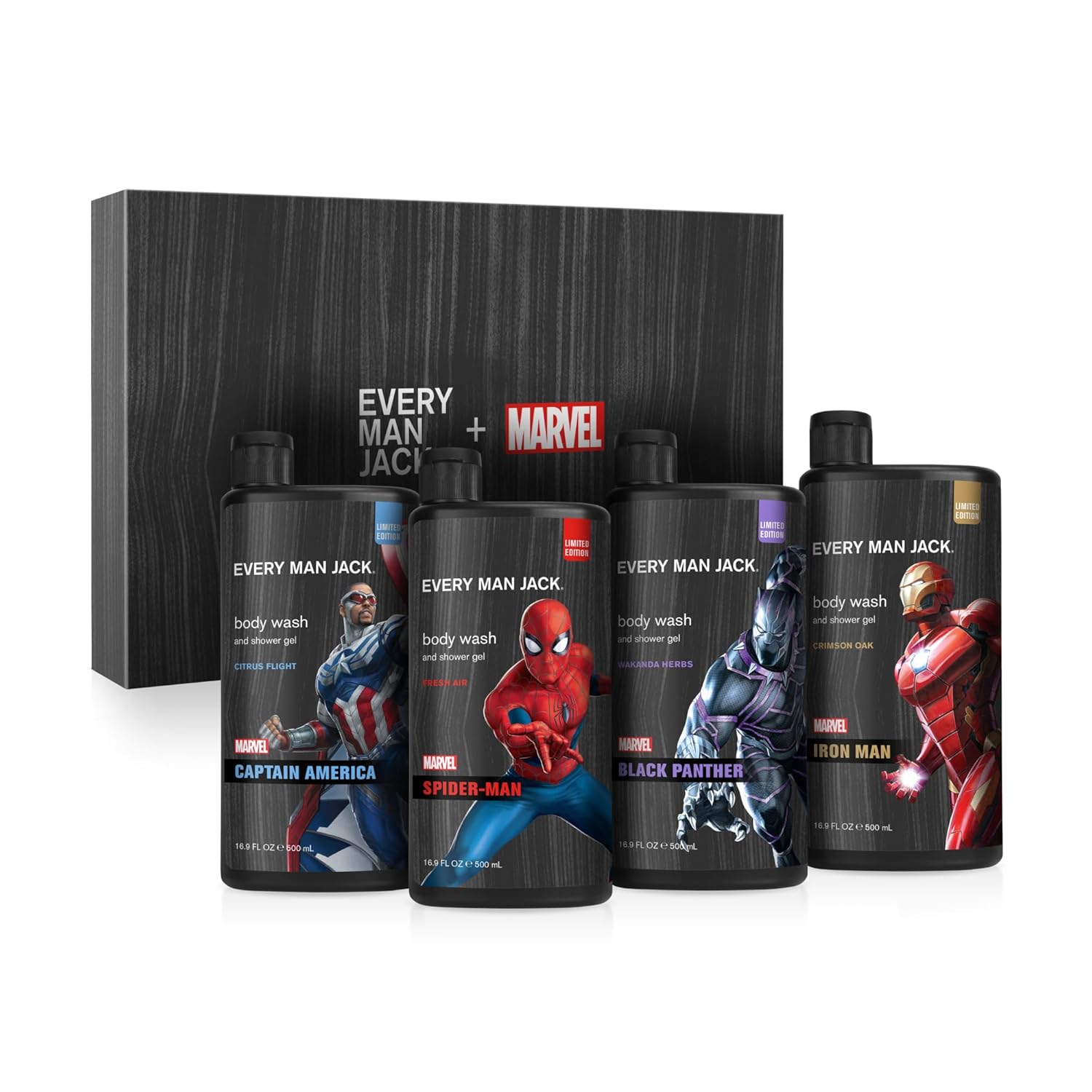 Every Man Jack Marvel Collectors Box Body Wash Gift Set - Includes Four Body Washes with Clean Ingredients & Incredible Scents - Fresh Air, Winter Mint, Crimson Oak, and Wakanda Herbs