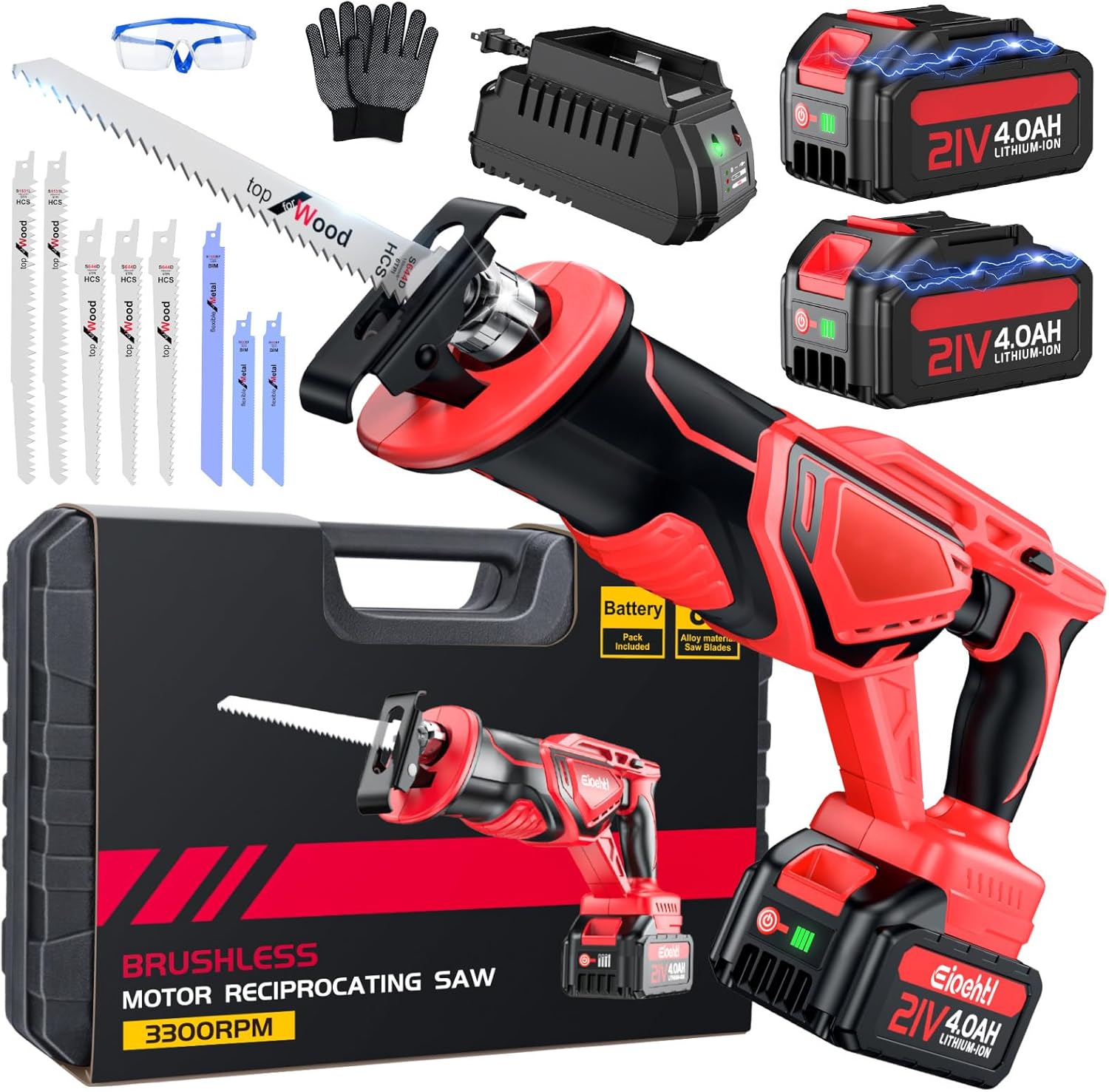 XIAZIR Reciprocating Saw, Enhanced 3500 SPM Low Noise Brushless Motor, High-Performance 2 * 21V 4.0 Ah Batteries Extended Standby, 8 pcs Versatile Alloy Steel Blade Set Easily Cut Through Wood, Metal