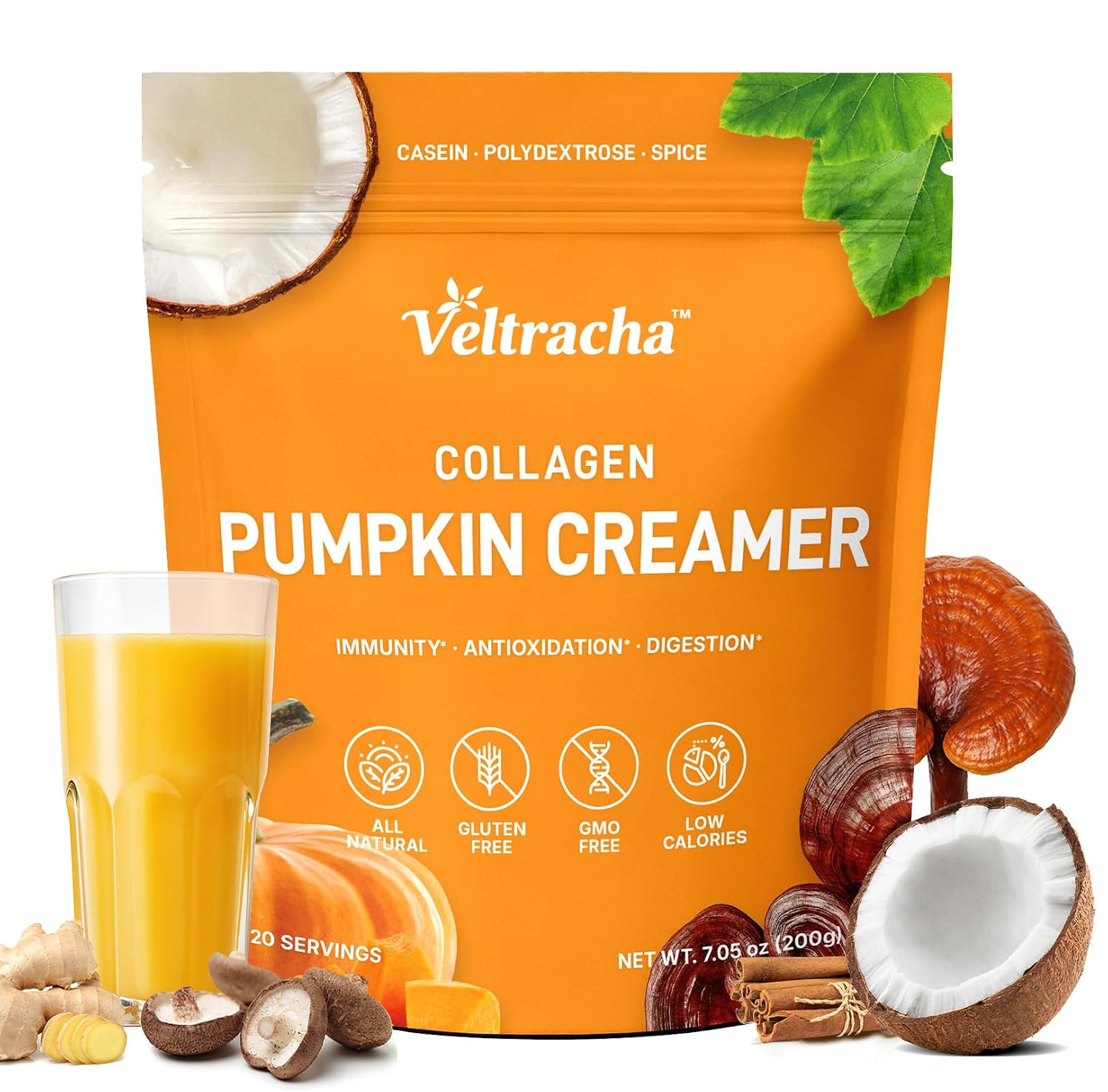 Veltracha Mushroom Pumpkin Spice Coffee Creamer with Collagen, 20 Servings | Creamy pumpkin spice coconut creamer with collagen, prebiotics & 4 adaptogenic mushrooms. Dairy-free coffee creamer