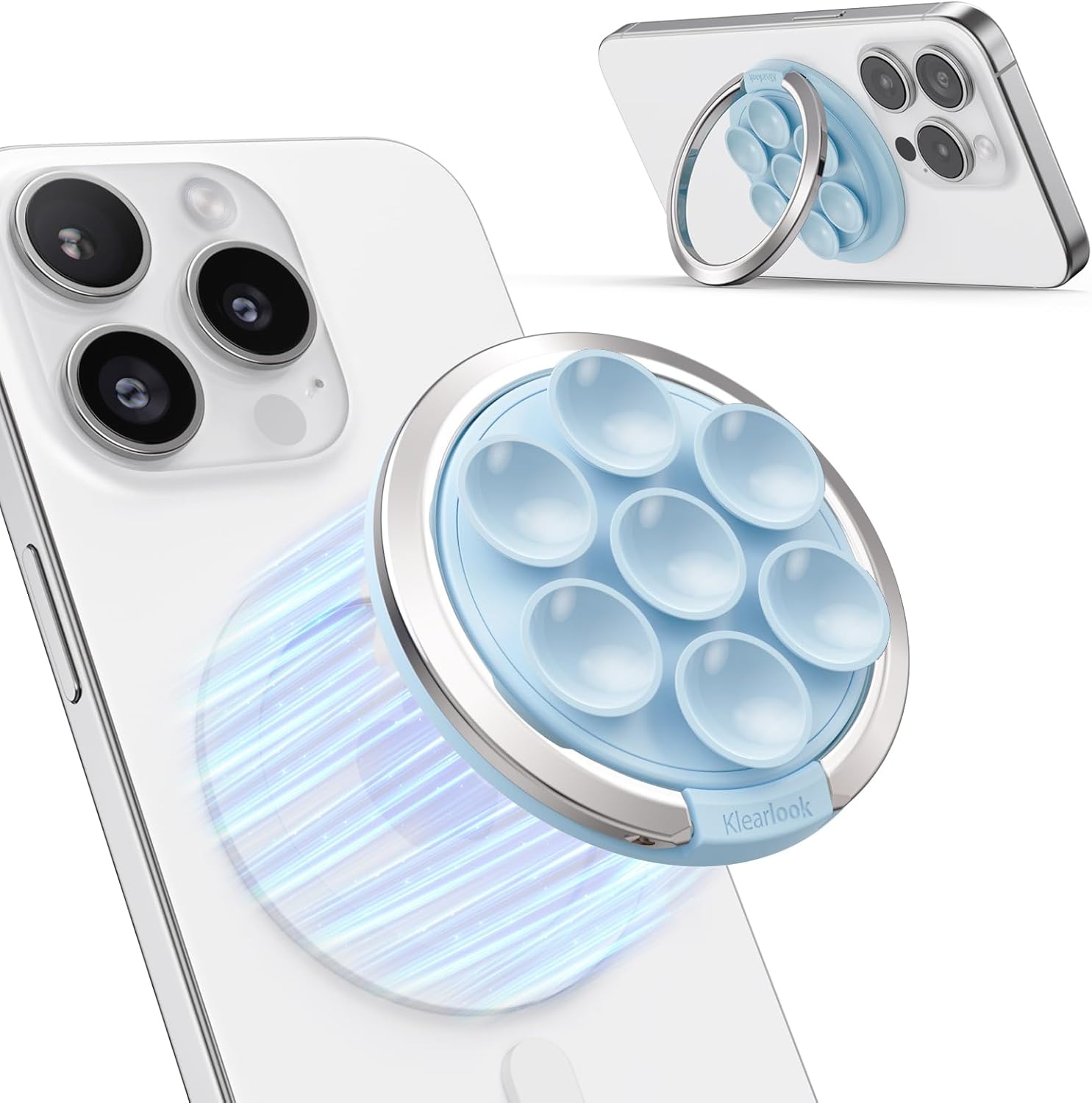 Magnetic Silicone Suction Phone Mount Built-in Mirror for MagSafe Case, Octo Cup Buddy Sticky Grip for iPhone, Adjustable Cell Phone Stand for Influencers, Women Girl Teen Gift, Light Blue