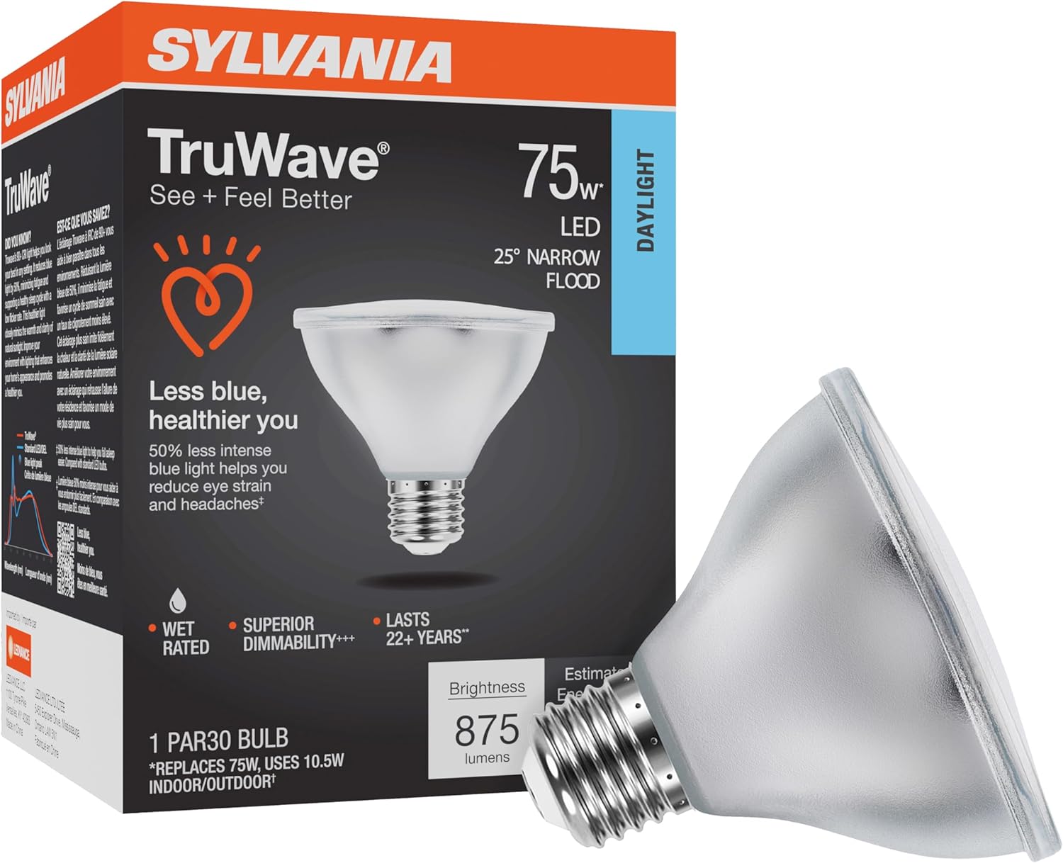 Sylvania LED TruWave Natural Series PAR30 Light Bulb, 75W Equivalent Efficient 9W, Medium Base, Dimmable, 5000K, Daylight - 1 Pack (40915)