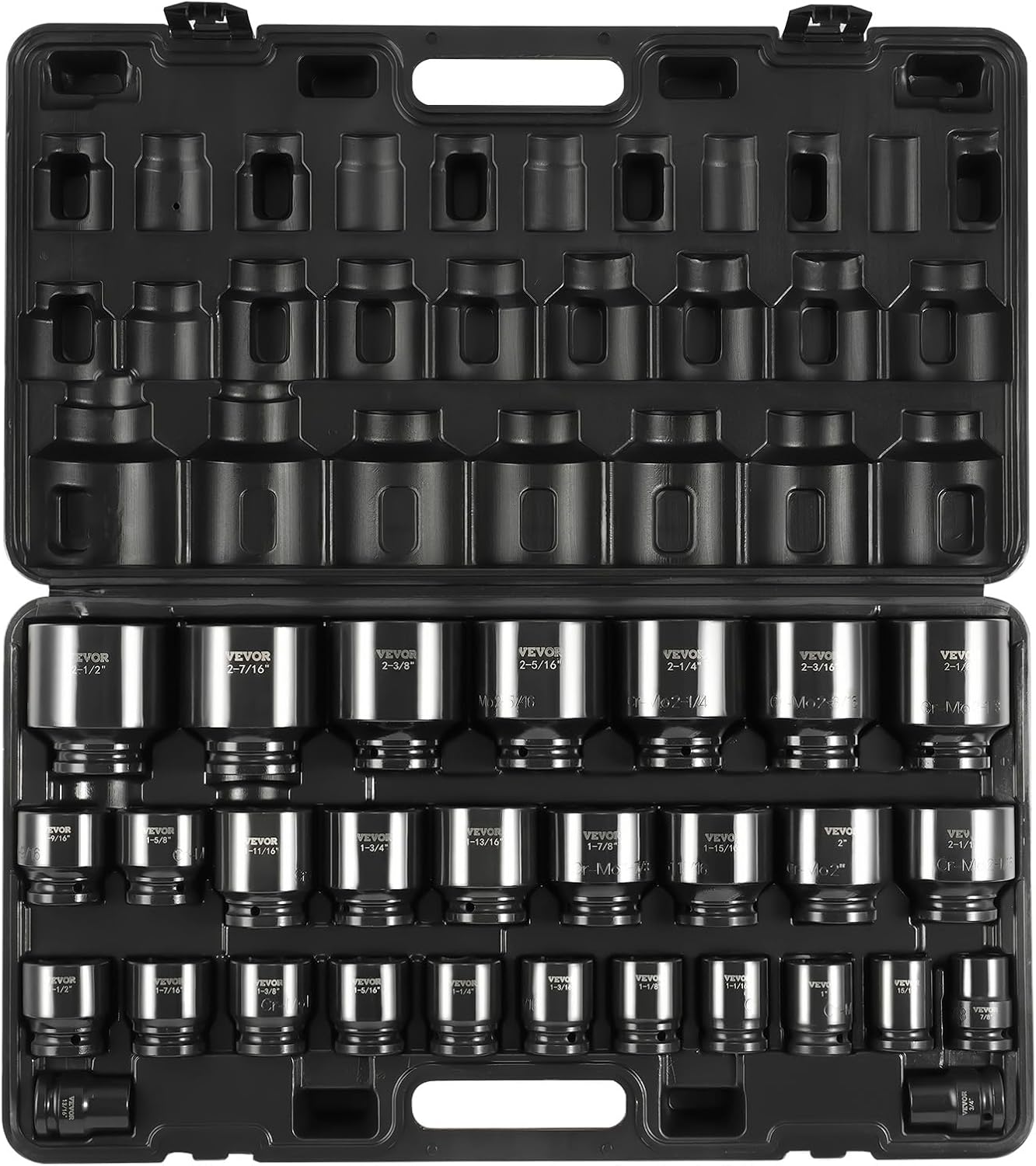 VEVOR Impact Socket Set 3/4 Inches 29 Piece Impact Sockets, 6-Point Sockets, Rugged Construction, CR-M0, 3/4 Inches Drive Socket Set Impact SAE 3/4 inch - 2-1/2 inch, with a Storage Cage