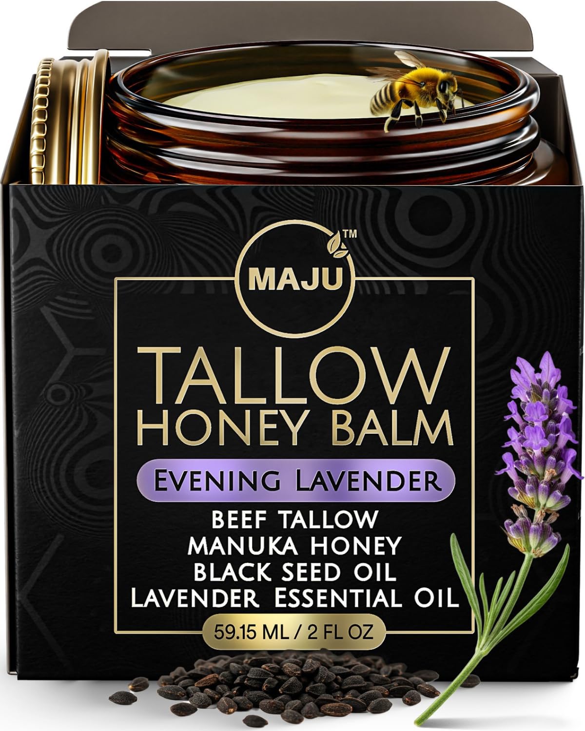 MAJU Tallow Honey Balm, Evening Lavender (2 oz), Grass Fed Beef Tallow for Skin with Organic Black Seed Oil, Manuka Honey and Organic Beeswax, Skin and Face Moisturizer for Deep Hydration