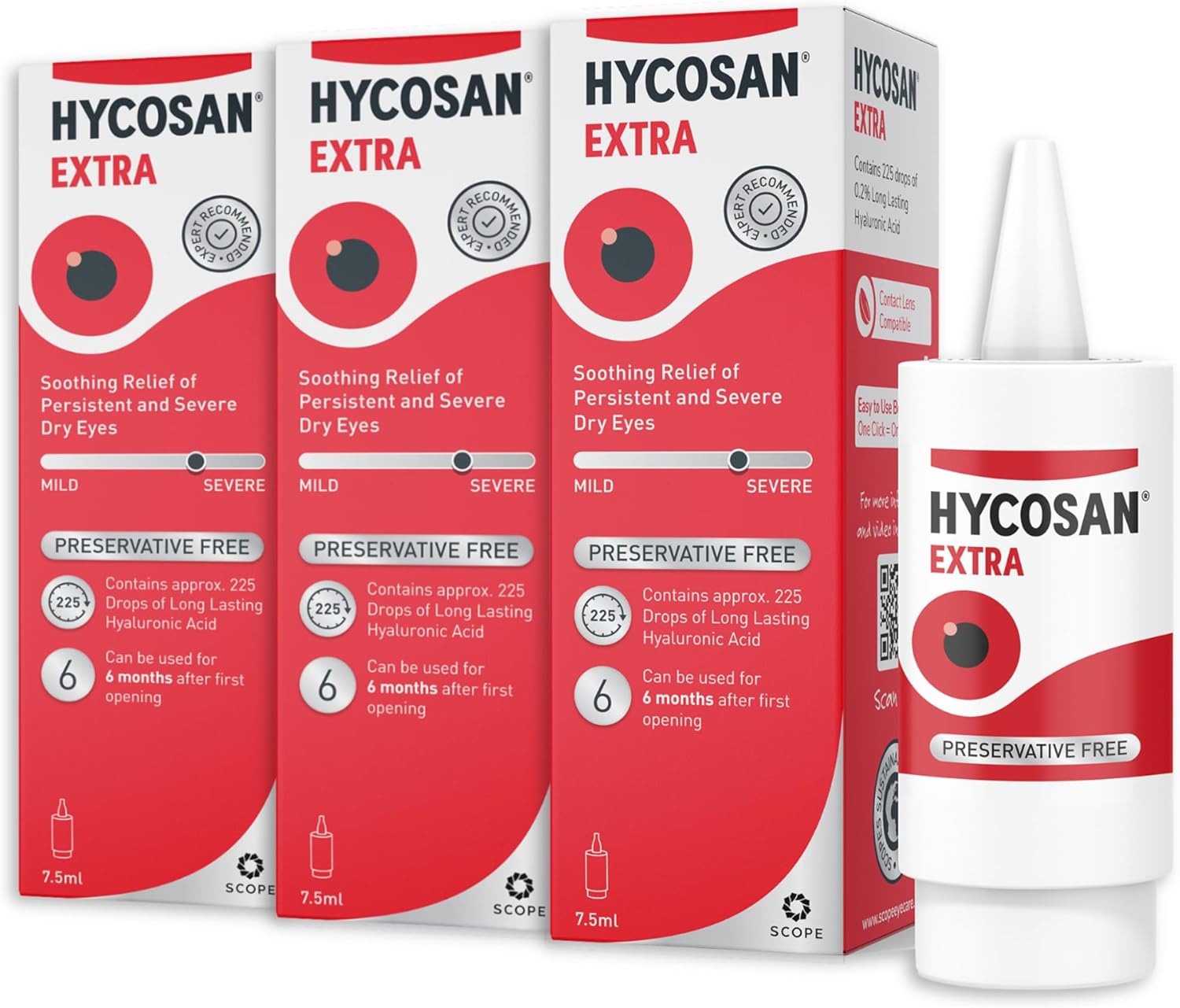 Hycosan Extra - Eye Drops with Hyaluronic Acid for Soothing Relief of Severe and Persistent Dry Eyes - Contact Lens Compatible - Preservative Free - 3 x 225 Measured Doses
