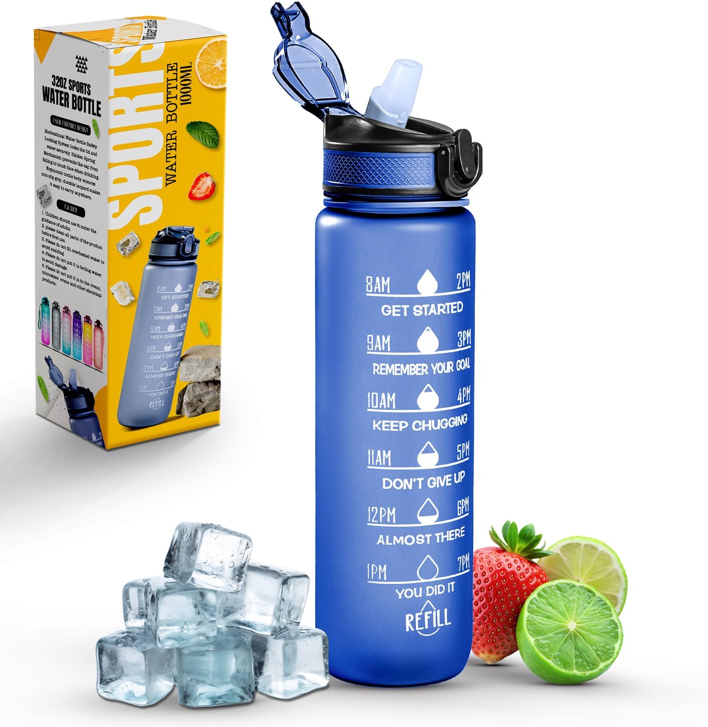 Roe Tenpo Sports Water Bottle with Straw and Time Marking, and 32OZ Capacity - Motivational and Eco-Friendly BPA-Free Bottle for Running, Gym, Yoga, Outdoors, and Camping (Style-1, Blue)