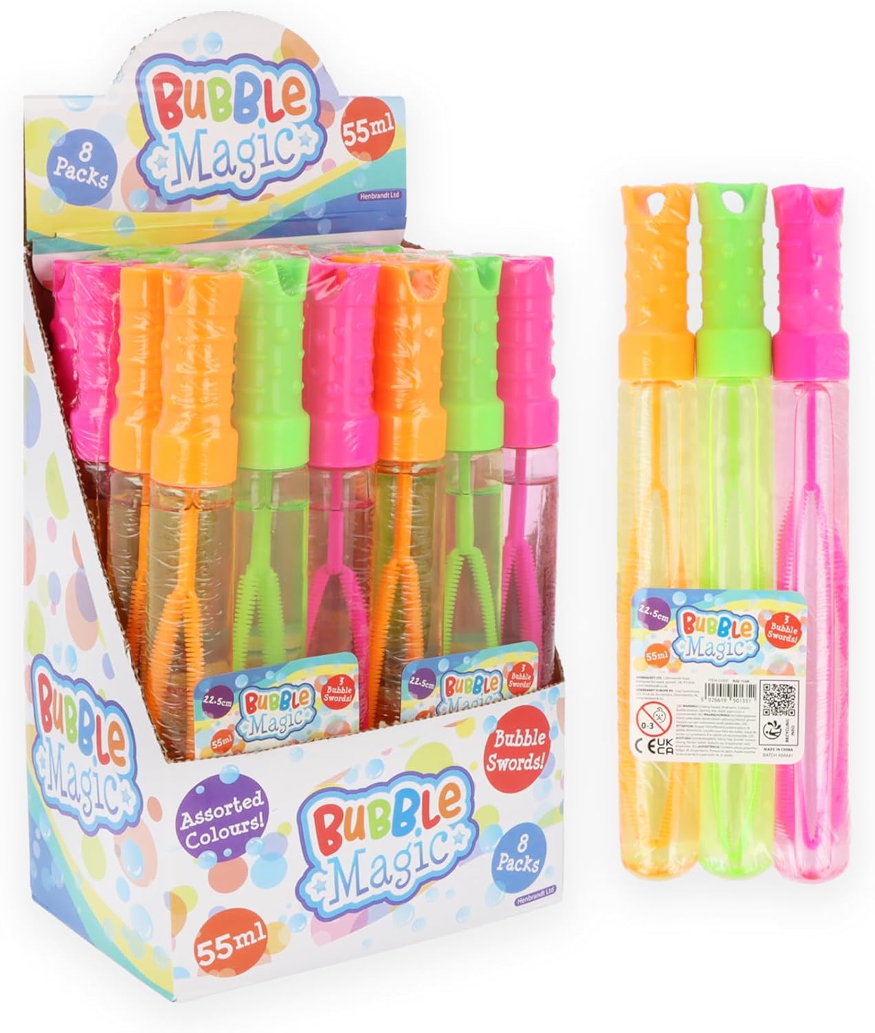 Henbrandt Pack of 3 Bubble Swords 4 Assorted Colours 55ml Kids Toys Summer Fun Children's Bubble Wands Beach and Garden Party Outdoor Games Bubbles for Kids Party Bag Fillers for Boys and Girls