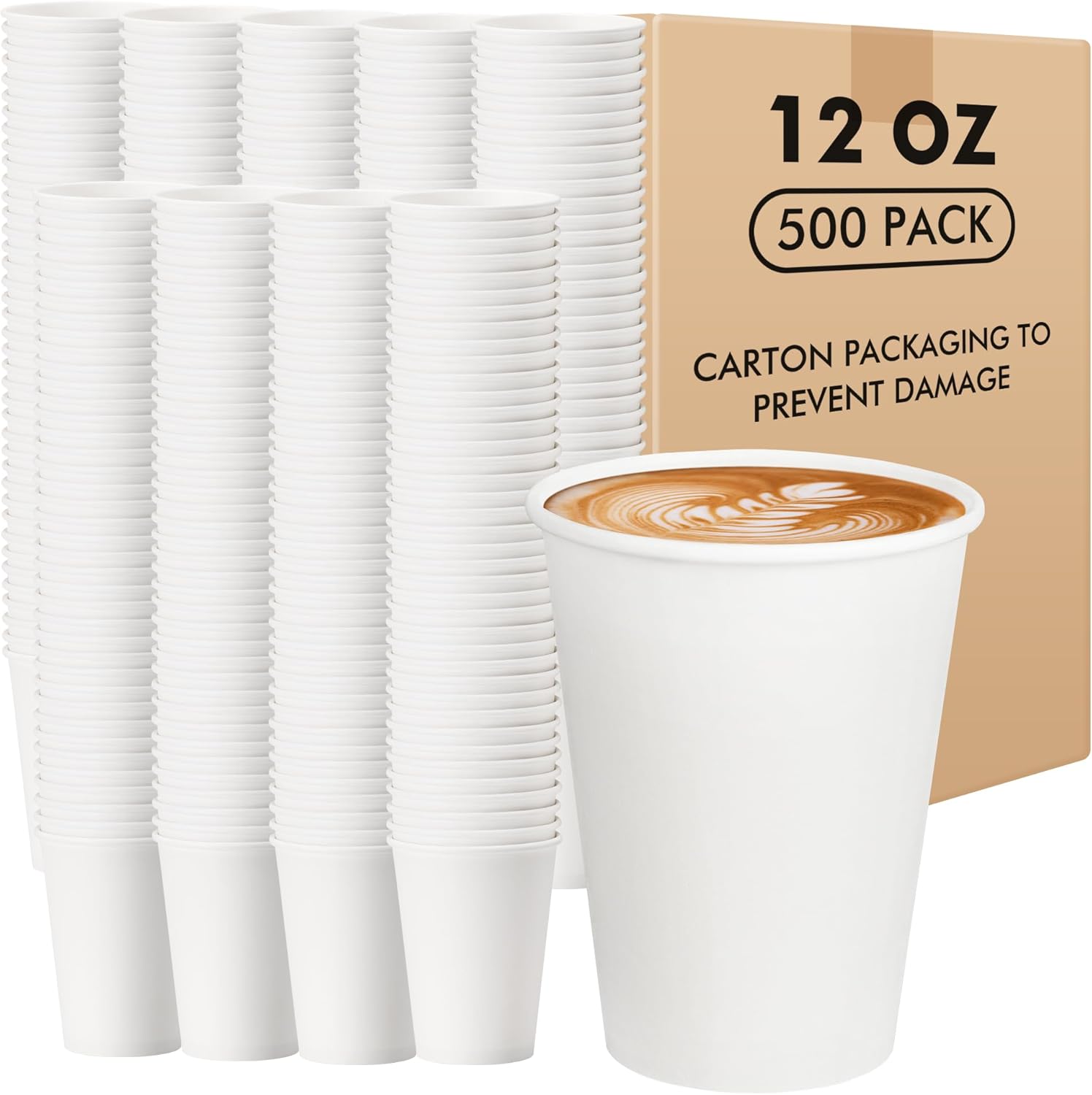 RACETOP Paper Coffee Cups 12 oz 500 pack, Paper Cups Disposable, Hot Coffee Cups, Ideal for Coffee, Beverages (12oz 500 pack white)