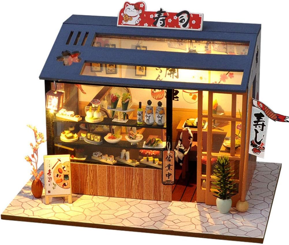 DIY Miniature Dessert Sushi Shop With Furniture LED LightMiniature Dollhouse Kit Street Shop Doll HouseWooden Model Creative Room(Ice Cream) (Sushi)
