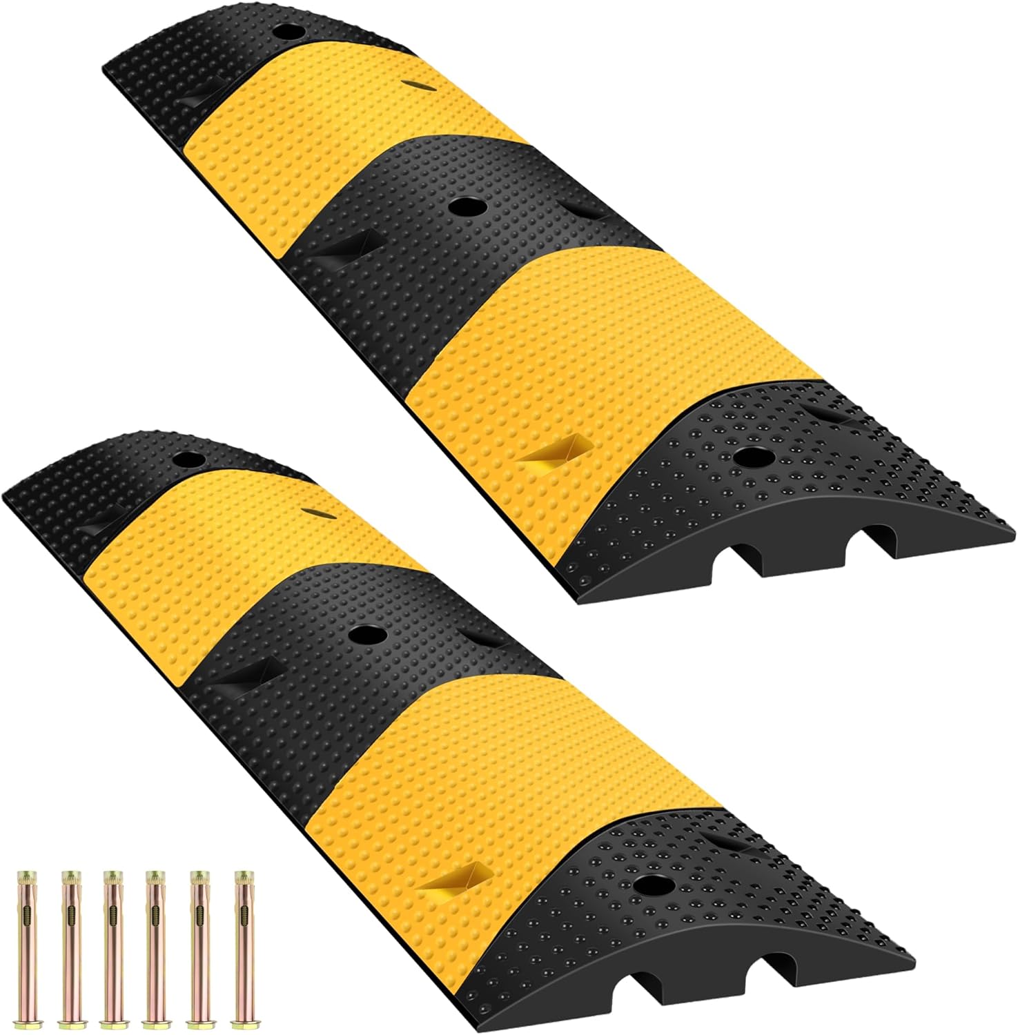 Rengue 39.3" Rubber Speed Bump, Pack of 2 Total 78.6'' Heavy Duty, Humps Rated 66000 LBS Load Capacity, Speed Humps with 6 Bolt Spikes Anchors for Asphalt Concrete Gravel Driveway