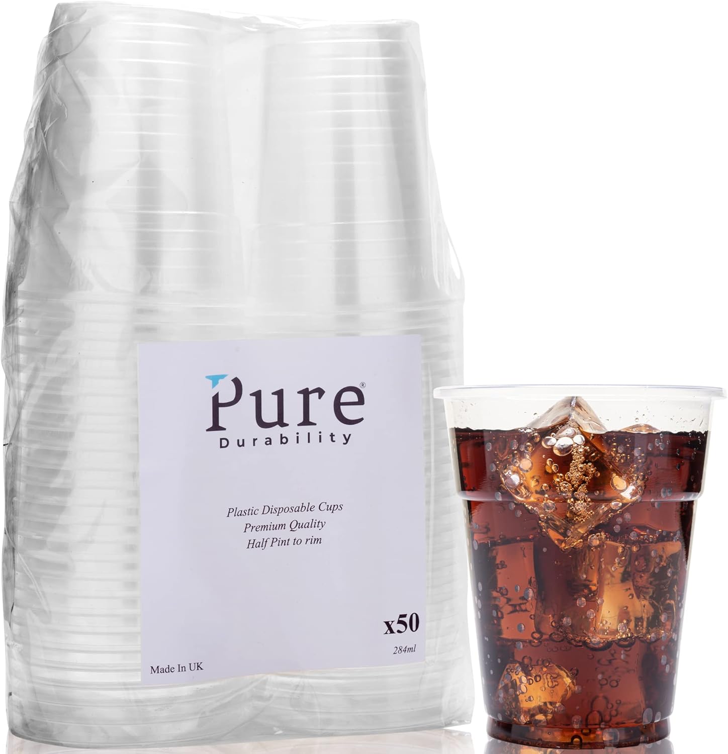 Pure Durability Plastic Half Pint Glasses 50 Pack Strong Disposable Beer Cups 284ml