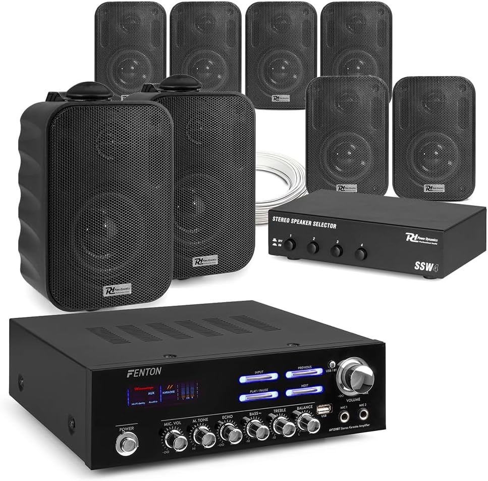 4-Zone Wall Mount Speaker System with 8x 3" Black Indoor Outdoor Speakers, Bluetooth Stereo Amplifier, Speaker Selector, Ideal for Multi-Room Background Audio & Public Address Installation