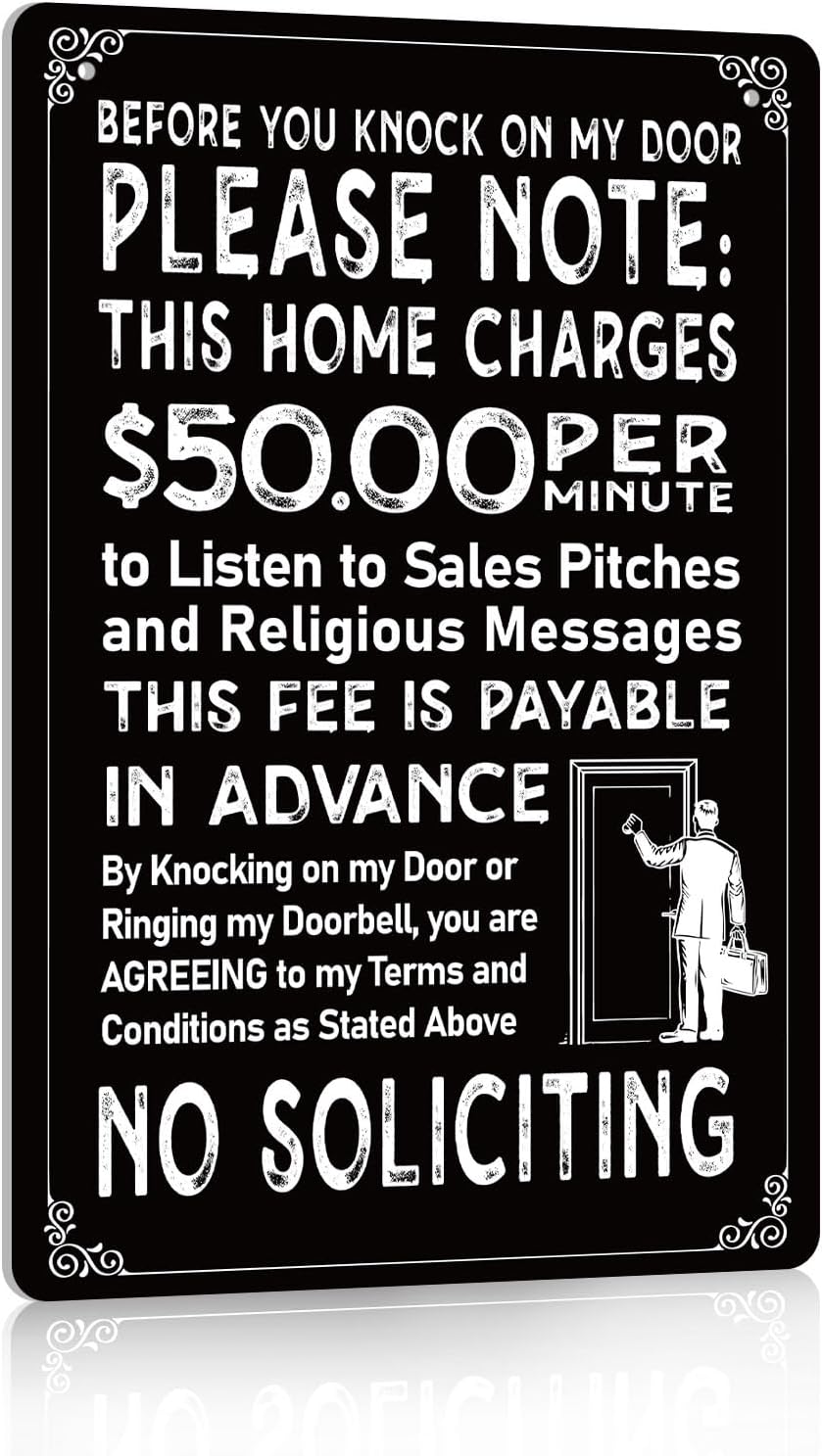 WaaHome No Soliciting Sign for House Funny No Soliciting Sign for Front Door Home Yard, 8''x12'' Don't Knock This Home Charges 50 per Minute, Waterproof, Weather Resistant