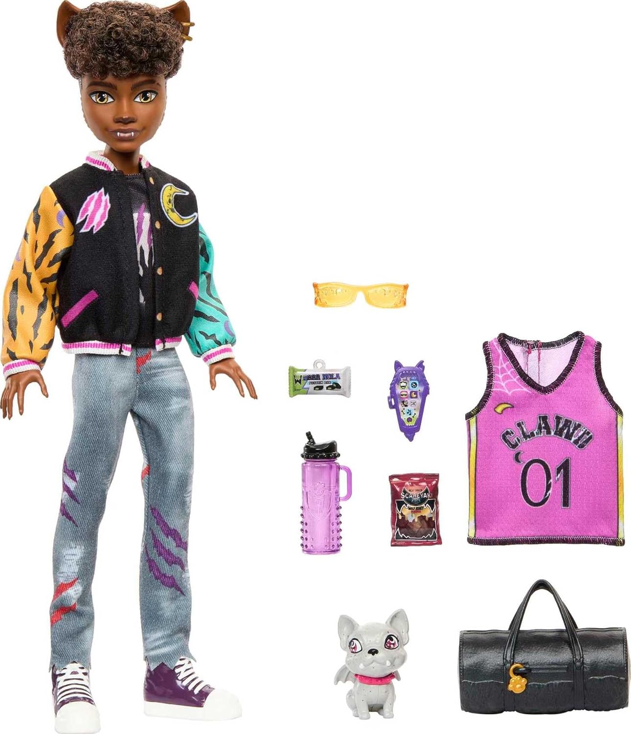 Monster High Doll, Clawd Wolf Doll with Pet Gargoyle Bulldog and Themed Accessories