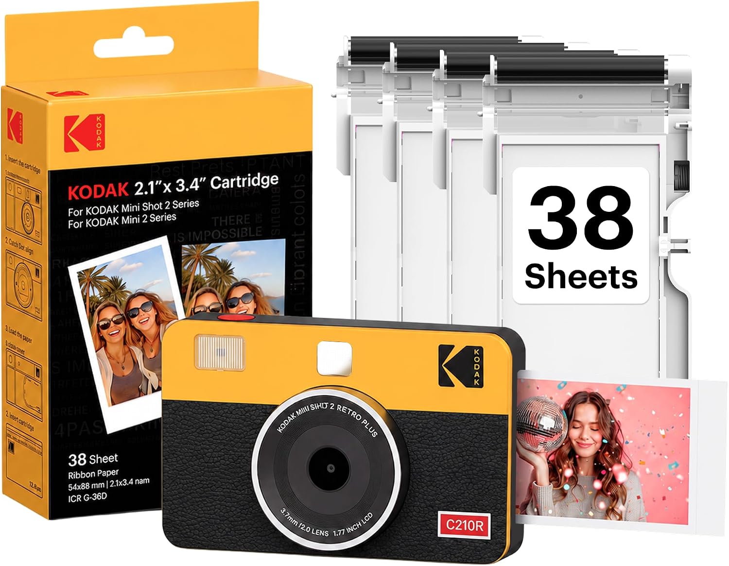 KODAK Mini Shot 2 Retro 4PASS 2-in-1 Instant Camera and Photo Printer (2.1x3.4 inches) + Initial 8 Sheets + 30 Sheets Bundle, Yellow