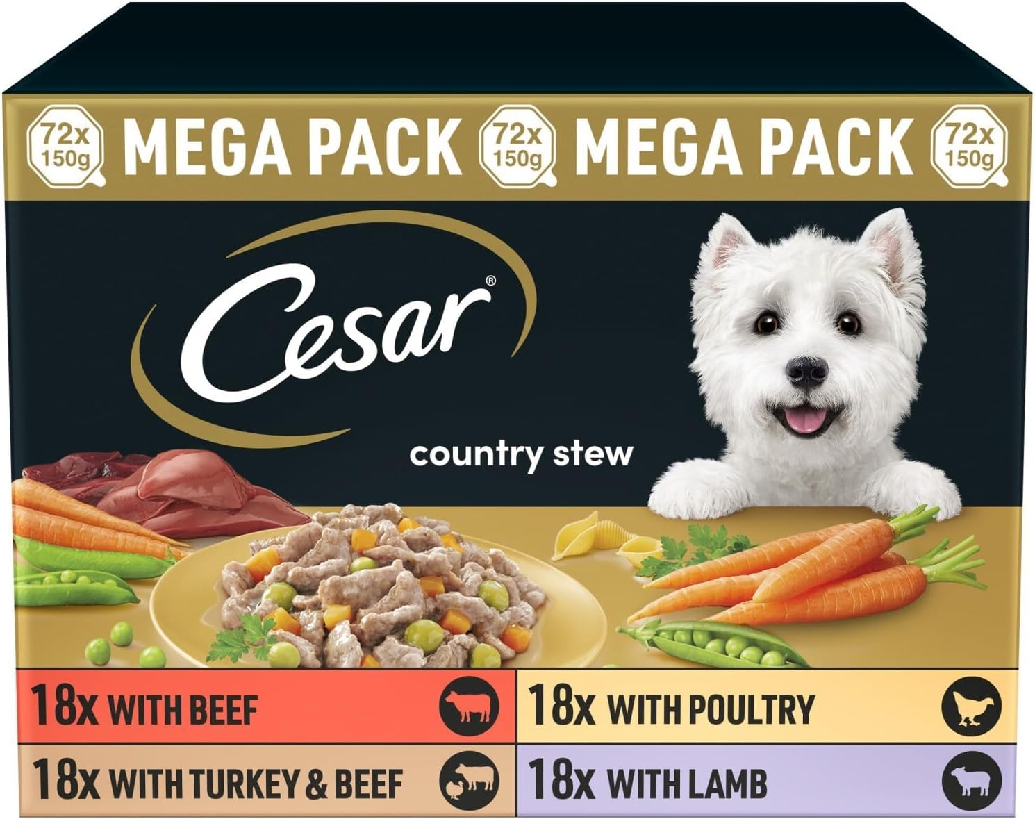72 x 150g Cesar Country Stew Adult Wet Dog Food Trays Mixed Selection in Gravy