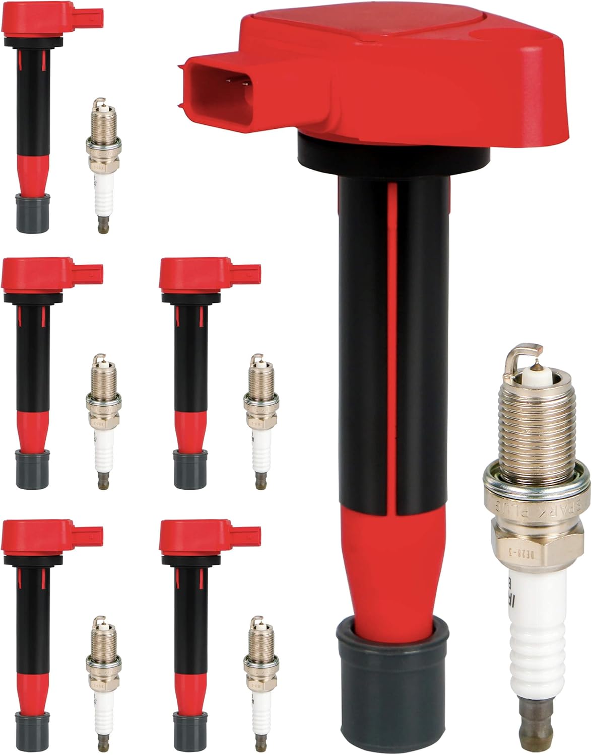 Ignition Coil Packs UF242 and Iridium Spark Plugs 4503 Fits for Honda Accord Odyssey Acura TL CL 3.0L 3.2L 3.5L V6 1999 2000 2001 2002 2003 2004 2005 2006 2007, Set of 6, # 30520-P8E-A01, Red