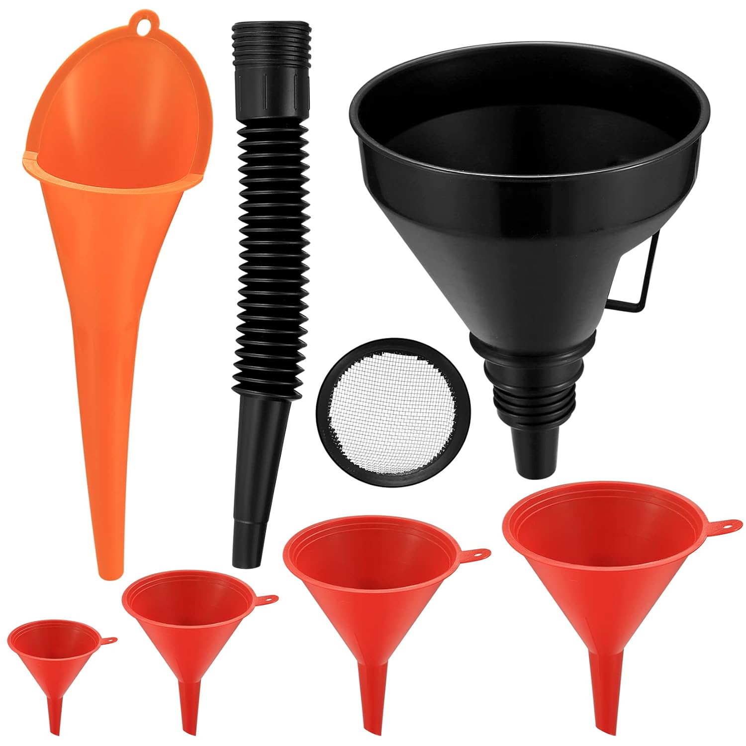 6 Pcs Automotive Funnel Set, Wide Mouth Fuel and Oil Funnels, Plastic Long Neck, Flexible Right Angle With Detachable Spout and Filter for Water/Gasoline/Coolant/Engine Oil