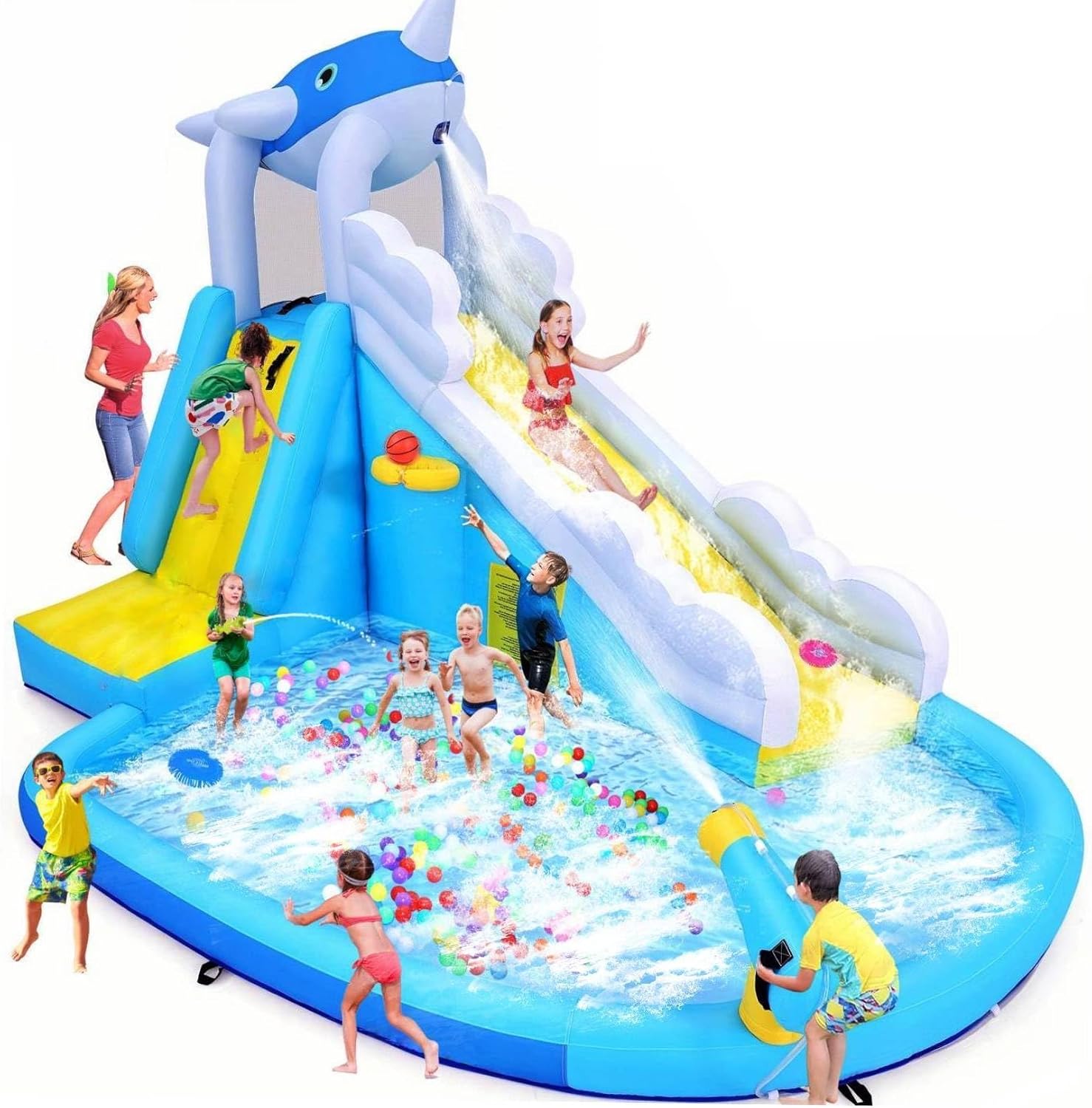 AKEYDIY Water Bounce House with Slide, Inflatable Water Slides for Kids Backyard for Kids 3-12,Whale Blast Adventure Water Slide with Pool/Climbing Wall/Slides/Backyard Water Park Birthday Party Gifts