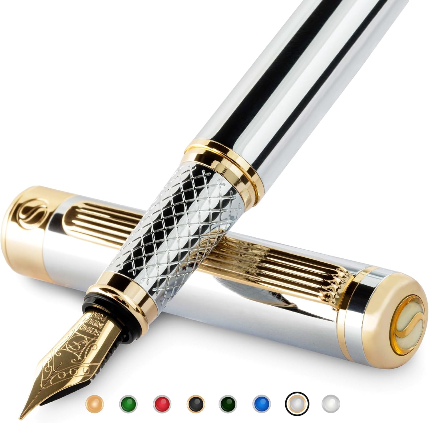Scriveiner Silver Chrome Fountain Pen - Stunning Luxury Pen, Real Gold Finish, Schmidt Gilded Nib (Fine), Best Gift Set for Men & Women Professional Executive Office Fancy Nice Designer Pen