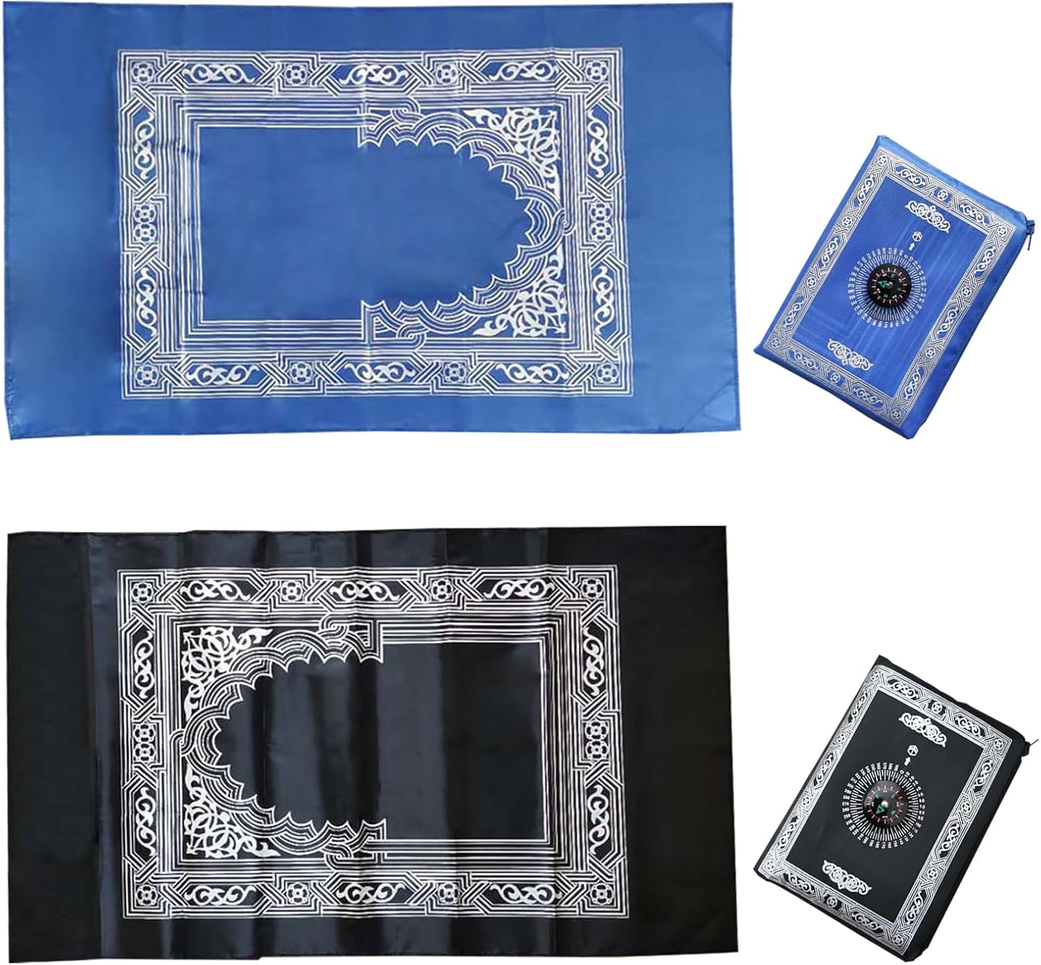 2 Pieces Travel Prayer Mat Rug, Portable Muslim Prayer Carpet Pocket Travel Foldable with Compass Praying Rug for Ramadan Gifts, 60 x 100cm Prayer Rug, Black and Blue