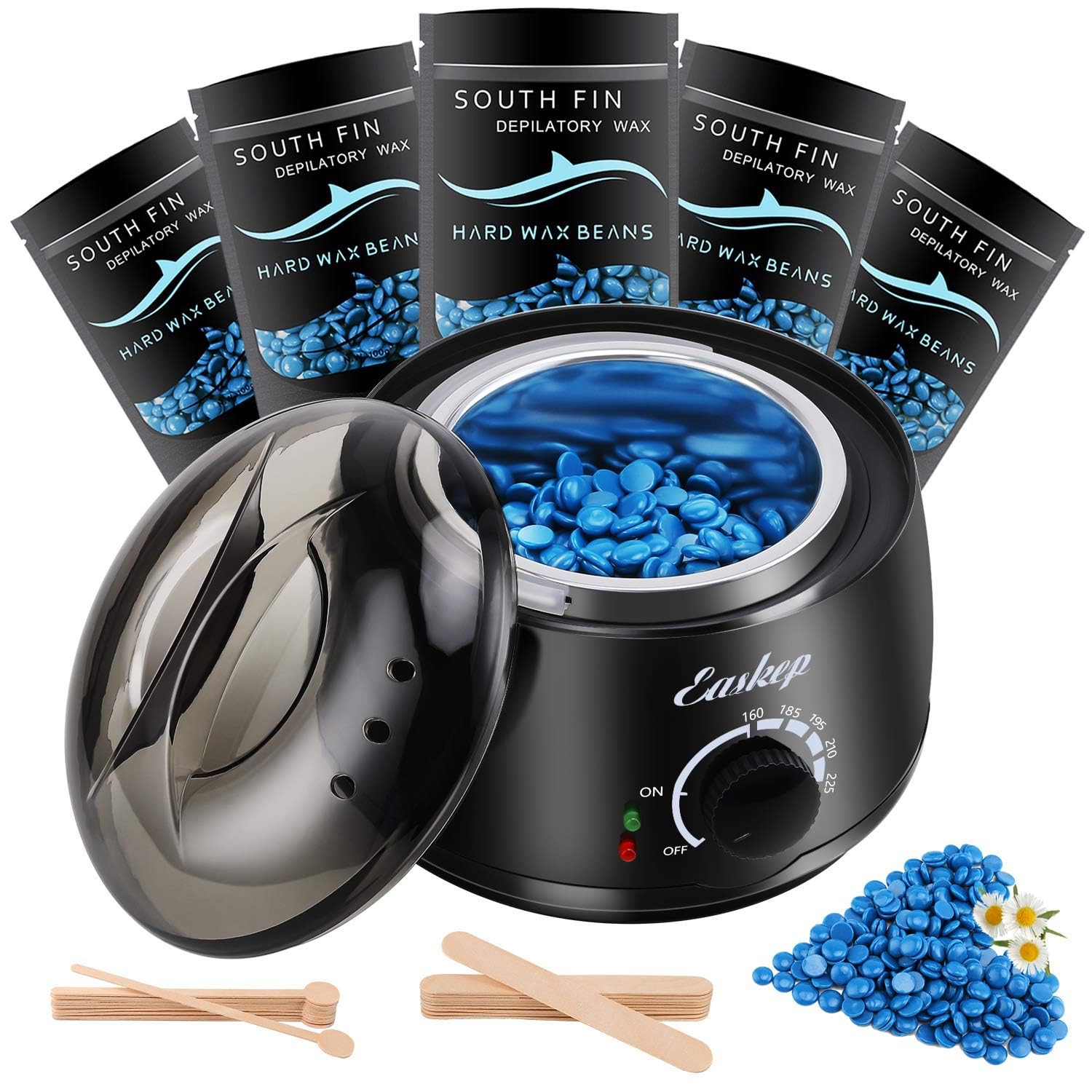 Waxing Kit Wax Warmer Easkep - Wax Kit Hair Removal 6 Adjustable Temperature with 5 Packs Hard Wax Beads and 20 pcs Wooden Applicator Sticks Painless for Legs Face Underarm Bikini Brazilian