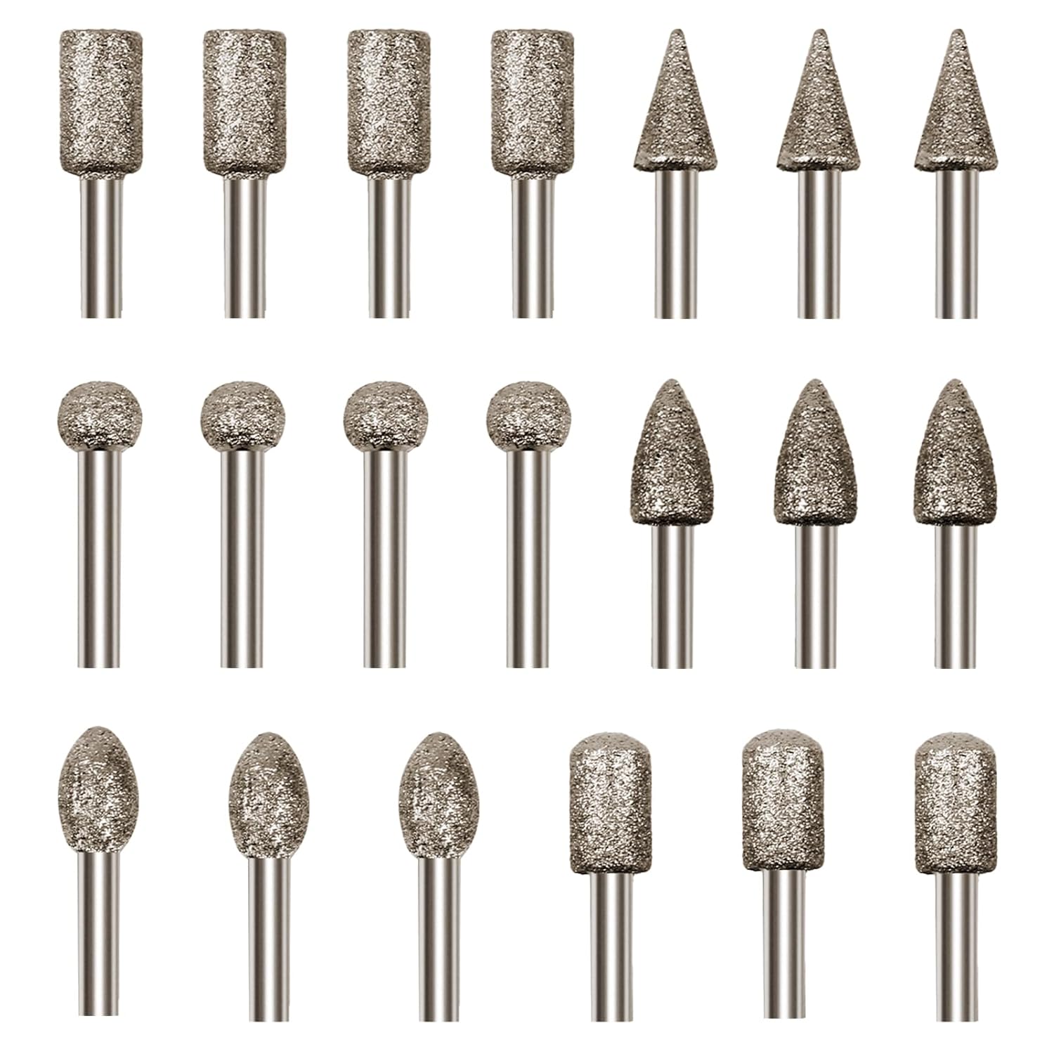 Diamond Drill Grinding Bit Set, 20PCS Polishing Kits Rotary Tool Accessories with 1/8 Inch Shank for Carving, Engraving, Grinding, Polishing Stone, Glass, Jewelry, Ceramics, Rock