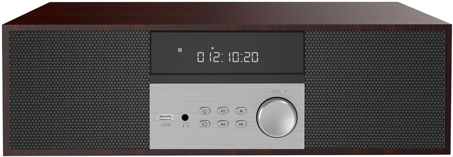 Compact System Micro HiFi System, CD Stereo System, 40 Watts RMS Music System with CD Player, FM Radio, Bluetooth, AUX-in, Headphone Output, DSP Tech, Clear Sounds and Rich Bass Sound,Brown