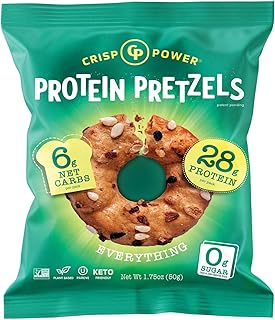 Crisp Power High Protein Pretzel Crisps - 6 Pack x 1.75 oz Crunchy & Flavorful Plant-Based Snack. No Sugar, 28g Protein Per Pack in 3 Savory Flavors, Vegan, Keto Friendly, Non-GMO, Kosher Non-Dairy (1.75 Ounce (Pack of 6), Everything)