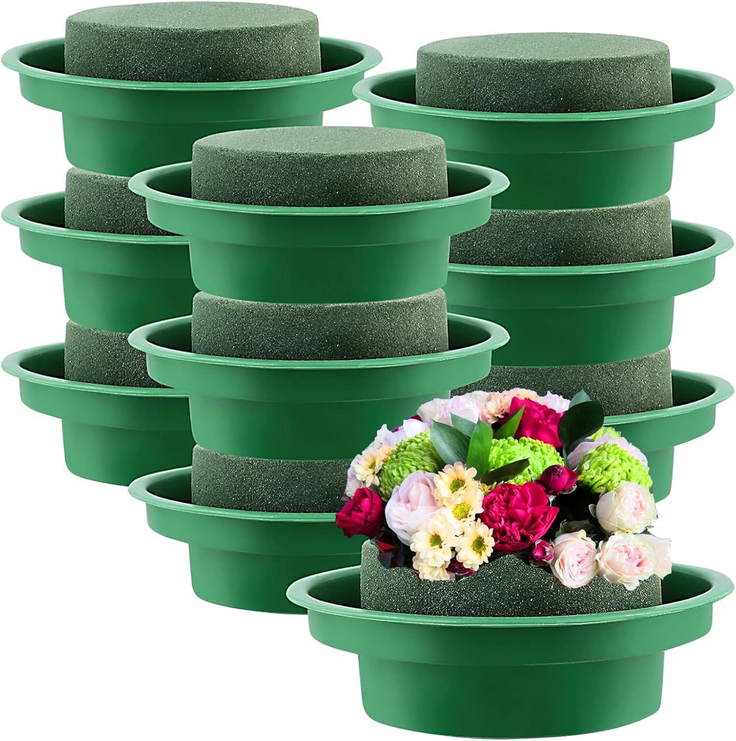 10 PCS 12 cm Floral Foam with Bowls, 4.7 Inch Round Florist Foam Block, Green Round Wet and Dried Floral Foam Base with Tray for Wedding Decoration Florist DIY Craft