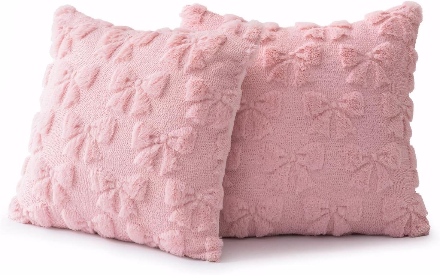 wanqueen Set of 2 Pink Cushion Covers 45cm X 45cm Bow Pillow Covers Coquette Room Decor Cute Faux Fur Soft Preppy Pillows Preppy Stuff Fluffy Plush Aesthetic Pillows for Sofa Bed Couch