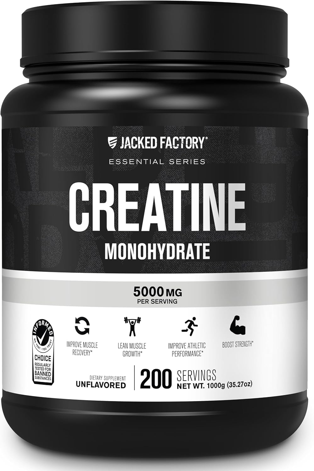 Jacked Factory Creatine Monohydrate Powder 1000g - Creatine Supplement for Muscle Growth, Increased Strength, Enhanced Energy Output and Improved Athletic Performance 200 Servings, Unflavored
