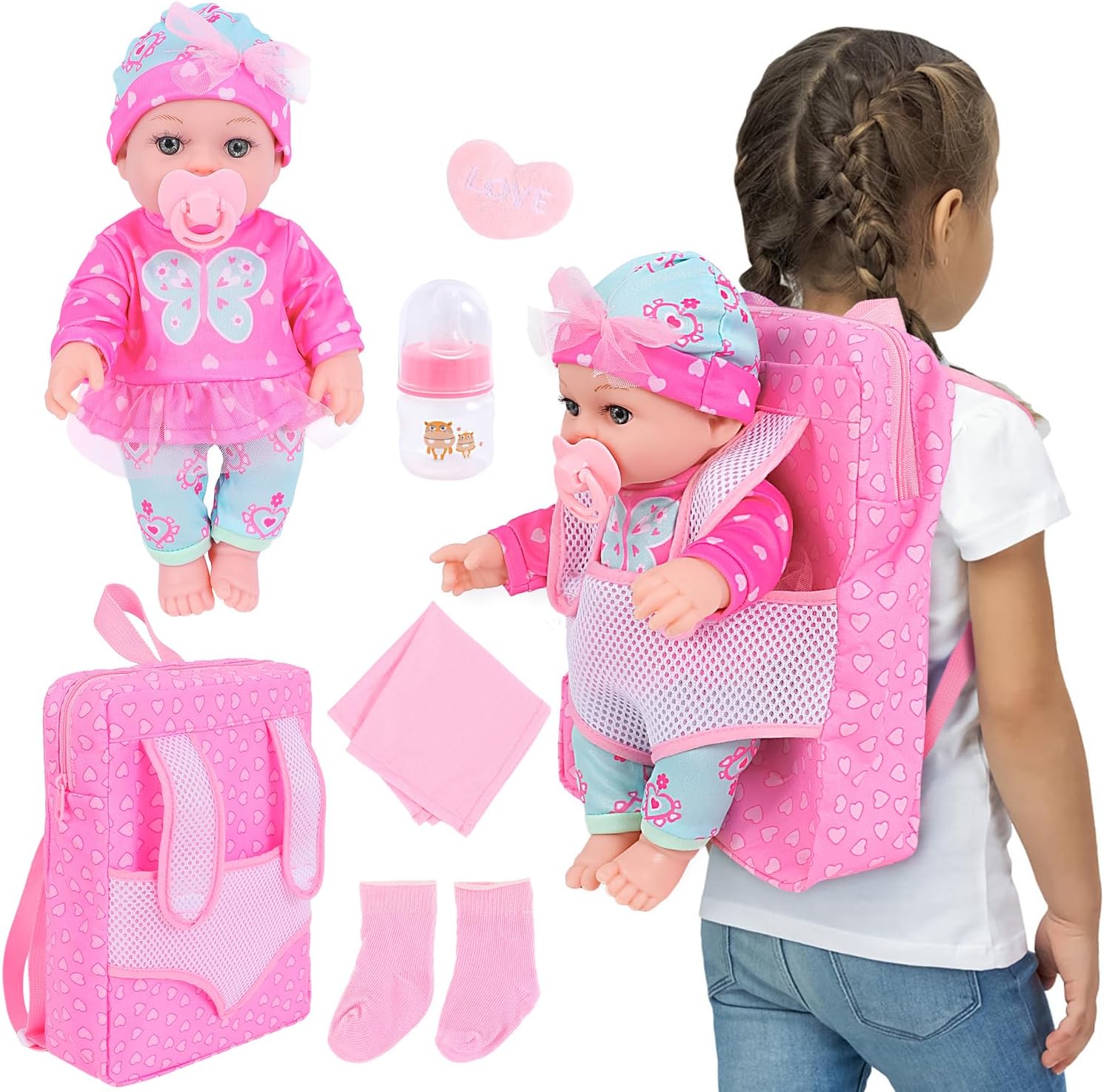 DONTNO 12 Inch Baby Doll with Clothes and Backpack Carrier,Reborn Baby Doll with Bottles Nipple