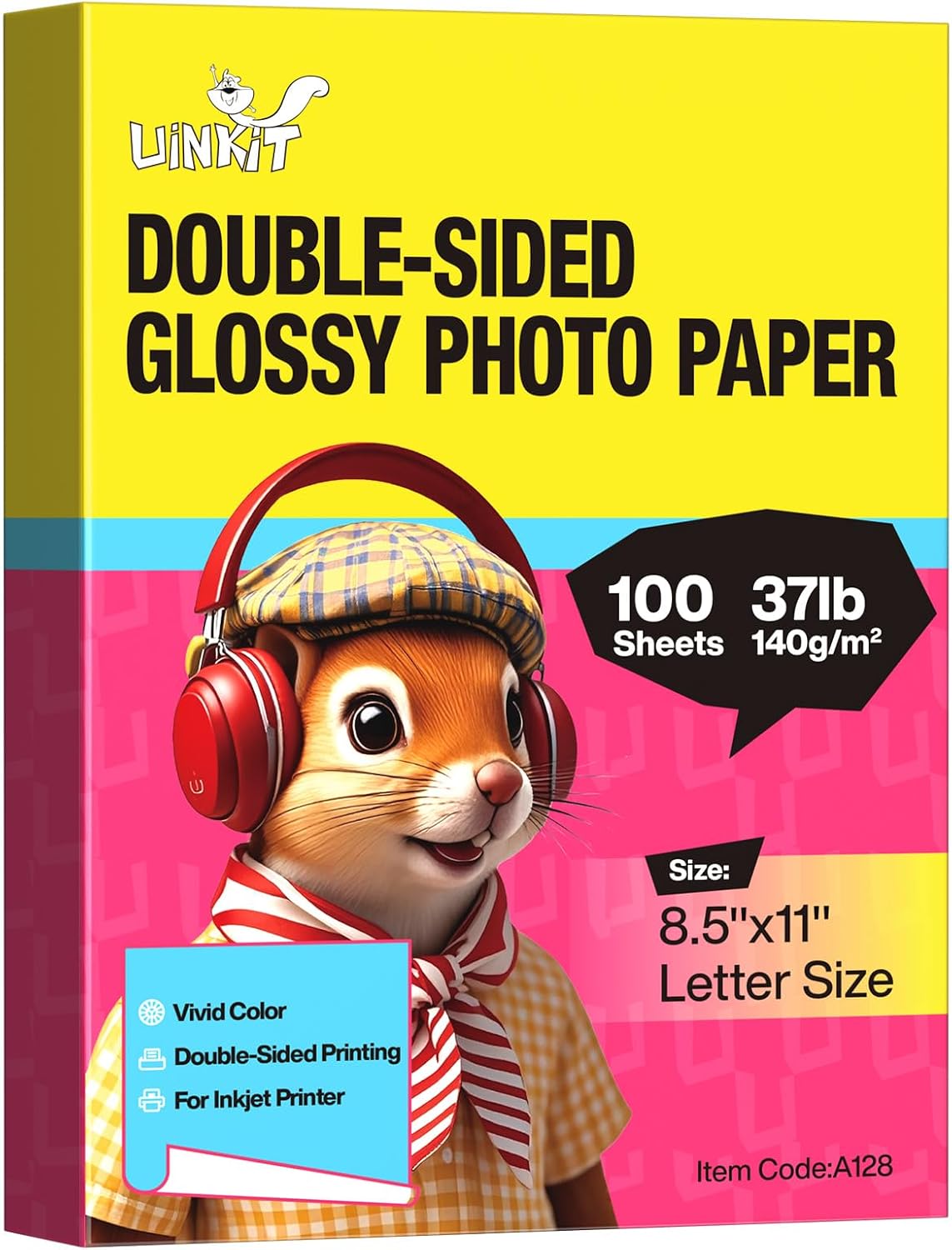 Uinkit Double Sided Glossy Photo Paper 8.5 x 11, 100 Sheets, 37 lb / 140gsm / 6.5mil, Thin Inkjet Paper for Dye Ink, Fast Dry for Brochures, Flyers, Menus, Chip Bags & Craft Prints