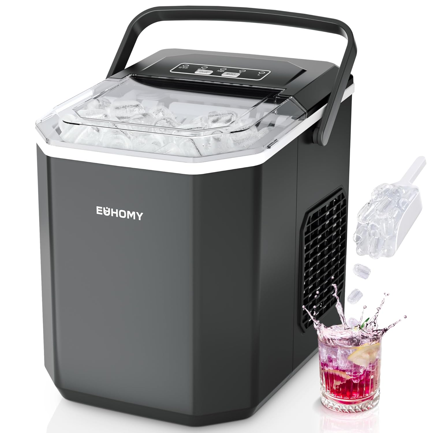 EUHOMY Ice Maker, 9 Cube in 6 Min, Bullet Ice maker, 2 Size Cube, Countertop Ice Machine, 12kg/Day, Self-Cleaning with Ice Scoop & Basket, for Home//Kitchen/Office/RV, Black